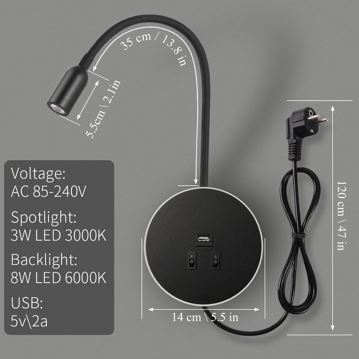 Applique murale LED,Col de Cygne Lumière, liseuse de chevet avec interrupteur, port de charge USB, éclairage d'ambiance de chambre à coucher Spot réglable (3W 3000K+8W 6000K) avec prise,Noir
