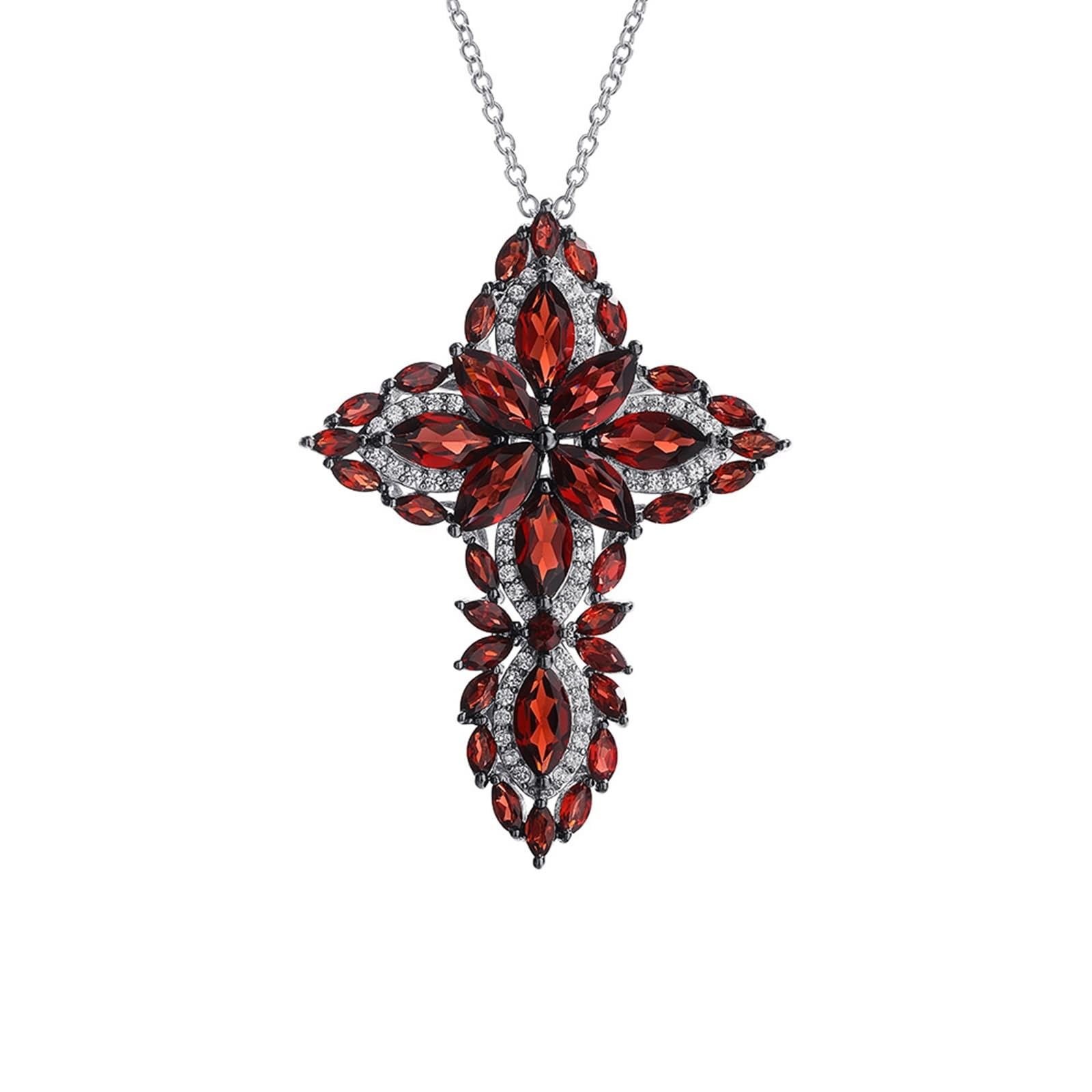 KnSam 925 Sterling Silber Halskette Echtes, Klassiker Glänzend Kreuz Anhänger mit Garnet - Rot & Marquise, Sterlingsilber Kette Damen Anhänger Zirkonia für Frauen, 45cm