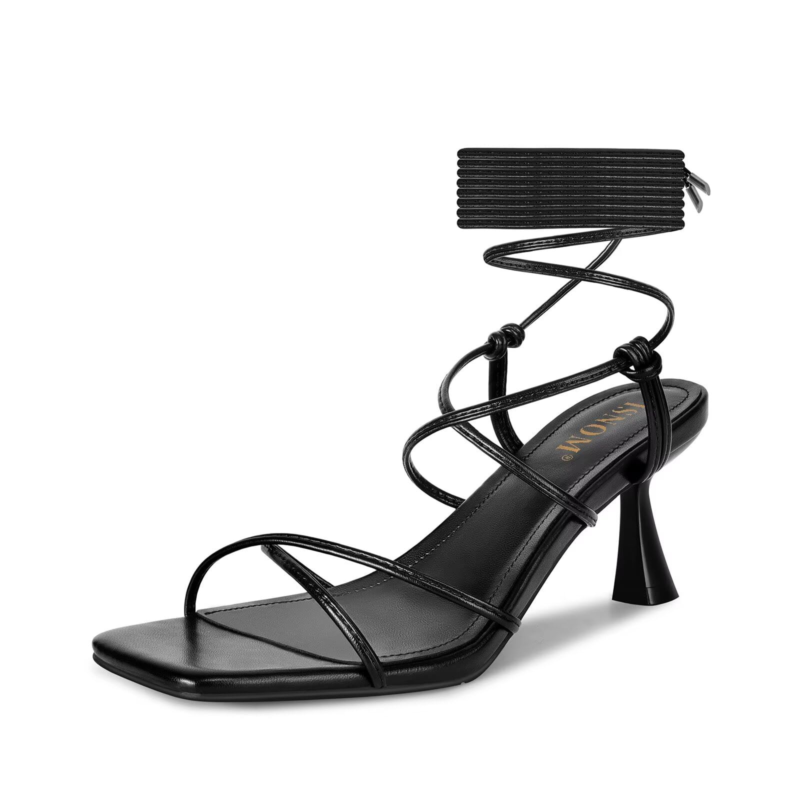 Strappy Sandals for Women Kitten Heels Lace Up Heels Stiletto Heels Wrap Around Heels with Square Toe