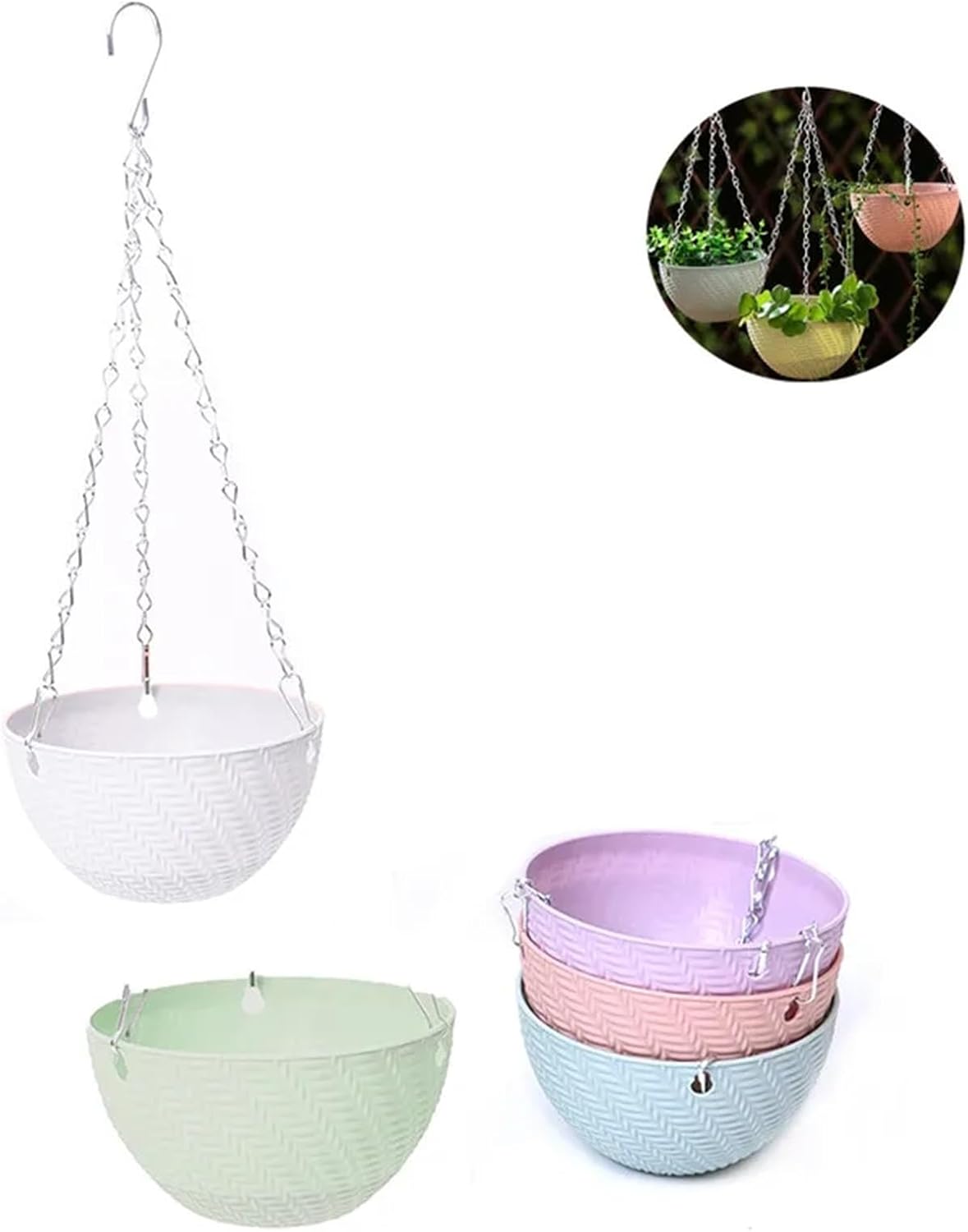 2 Set Attractive Woven Look Chain Hanging Planters Flower Pot Basket Imitation Rattan Weaving for Indoor and Outdoor Use for Planters(White)