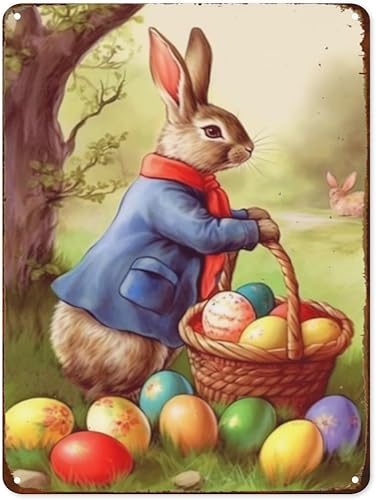 Letrero de metal retro con diseño de huevos de Pascua, conejo y huevo de Pascua, decoración de pared para el hogar, club, garaje, tienda, bar,