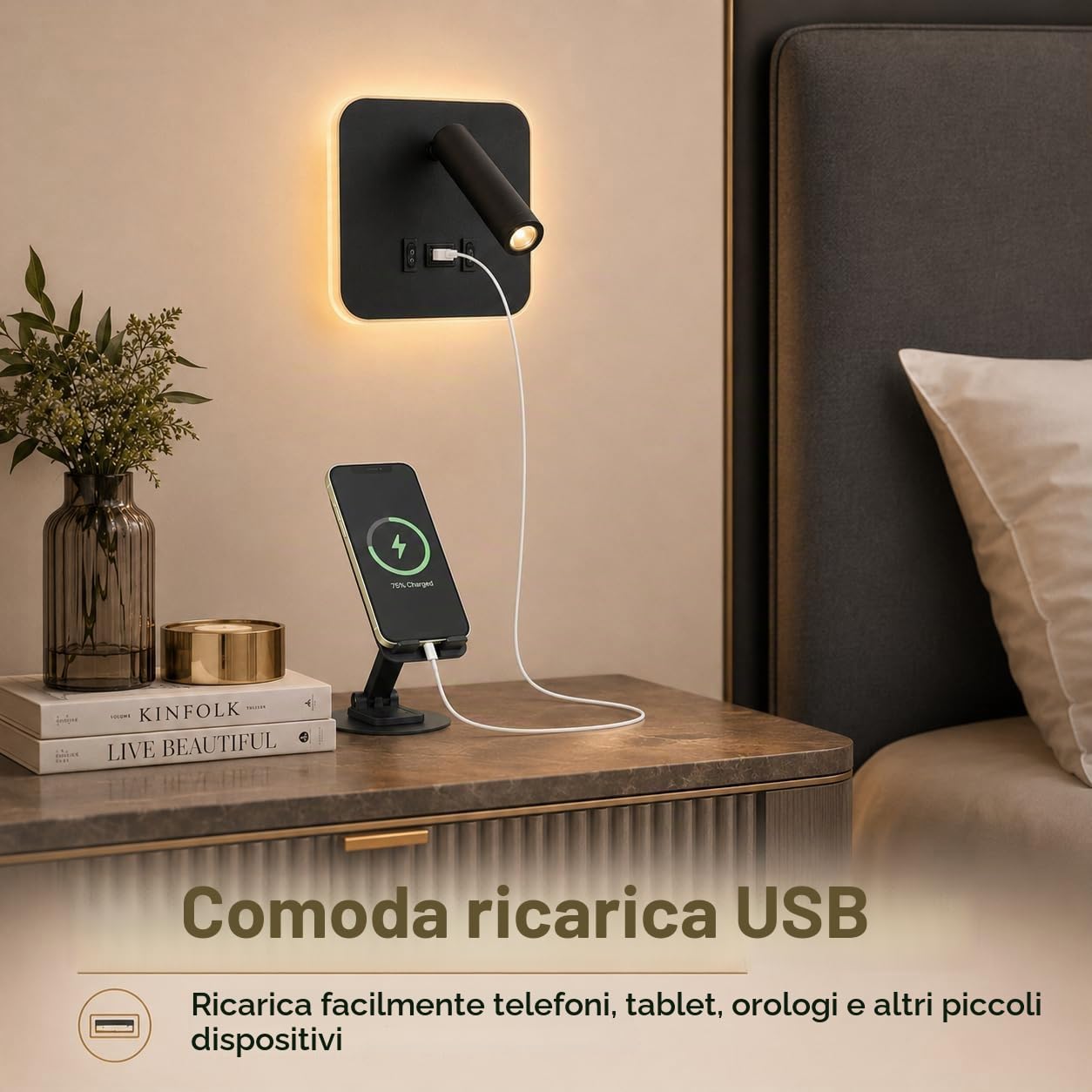 2Pcs Lampada da Parete LED, Applique da Parete Interno, Lampada da Lettura da Comodino con Porta di Ricarica USB e Interruttore, Regolabile a 360° Luce da Lettura per Camera da Letto Soggiorno