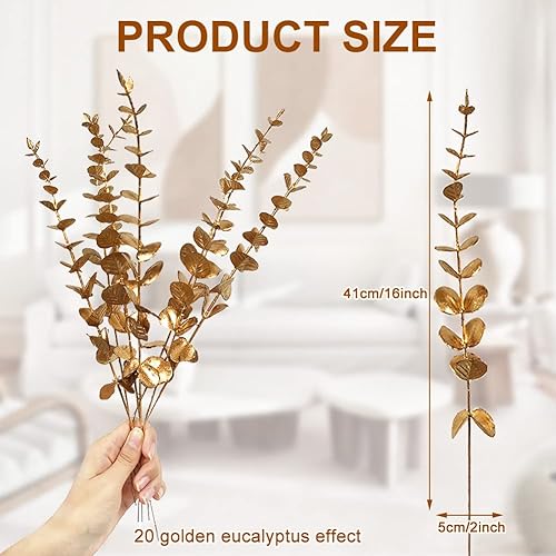 Miniatura 3 de 30 tallos artificiales de eucalipto dorado de imitación de eucalipto en aerosol para decoración de otoño, para fiestas, bodas, arreglos florales,