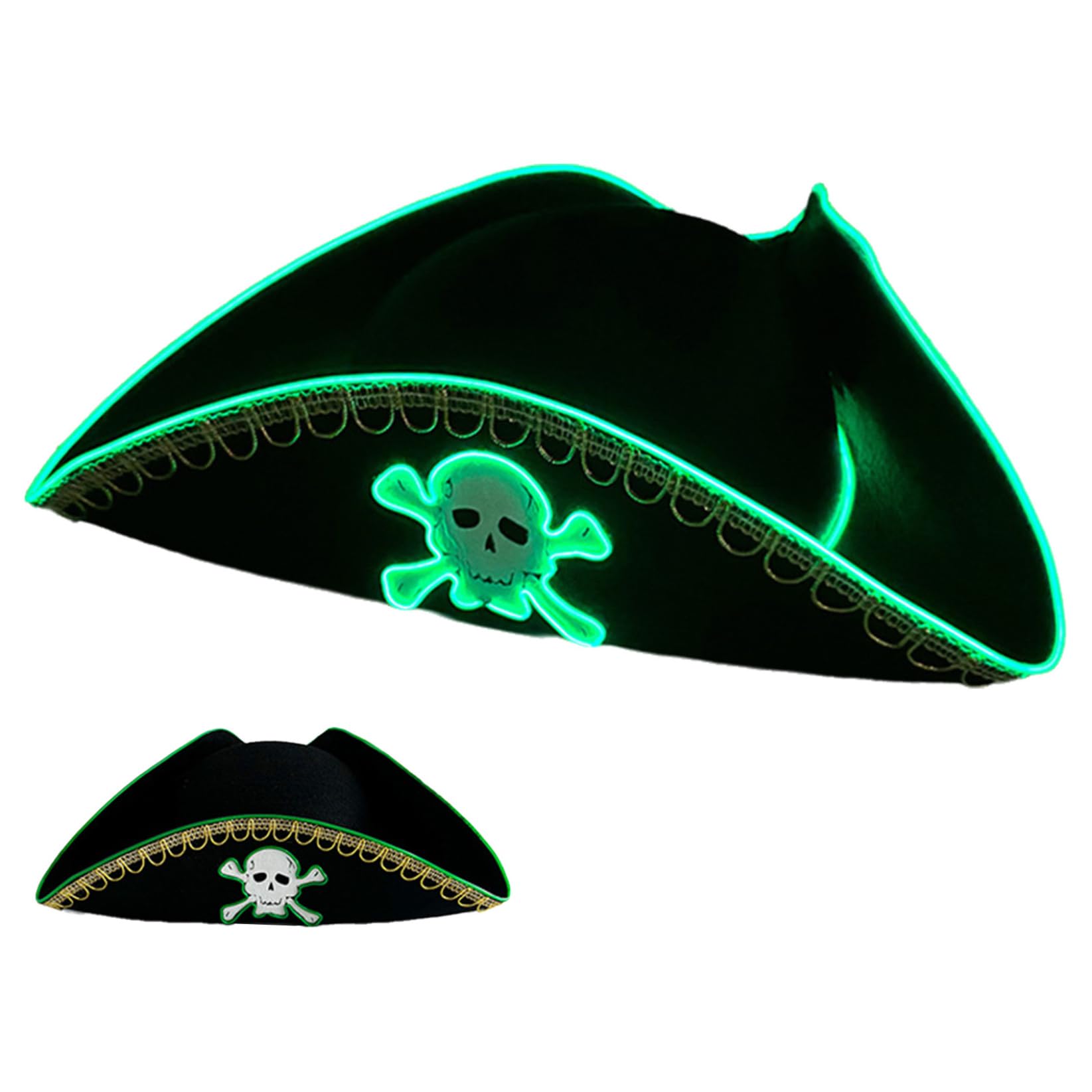 TTAO Light Up Pirate Hat For Adult Tricorn Pirates Cap Halloween Costume Accessories For Theme Party Cosplay Triangular Green One Size