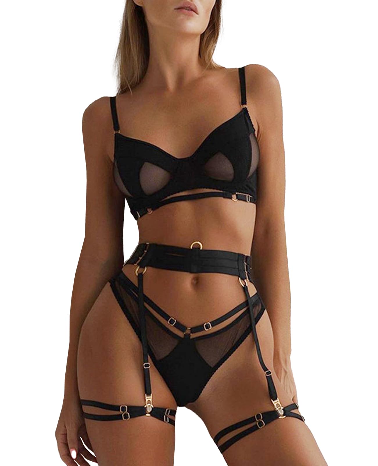 Rayson Ensemble de Lingerie Sexy Femme Ajourés avec Porte-Jarretelles, Soutien-Gorge et Culotte avec Poignets sur Les Cuisses