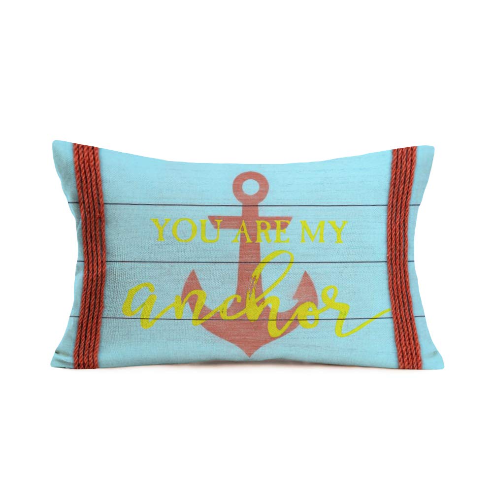 Nautical Boat Anchor Throw Pillow Covers - You Are My Anchor with Wood Background Quote - Cotton Linen 12x20 Inches Ocean Theme Cushion Cover - Outdoor Decor