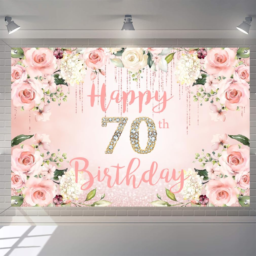 70th Birthday Decoration for Women, 70 Years Old Fabric Sign Poster Background Backdrop Banner, 70th Birthday Party Wall Decoration Welcome Sign Watercolor Flowers, 150 cm x 90 cm
