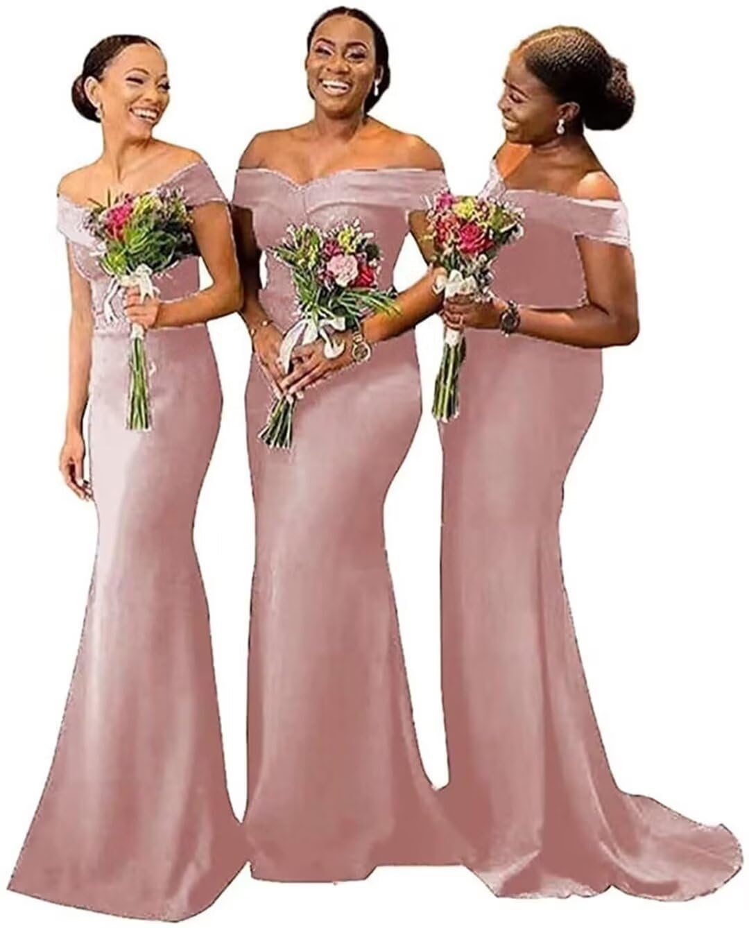 Womens Off Shoulder Mermaid Bridesmaid Dresses for Wedding Long Satin Formal Evening Gowns with Train