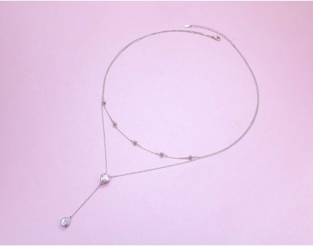 FLYOW Layered Necklace S925 Sterling Silver Teardrop Double Choker Y Lariat Long Chain Necklace Birthday Mother's Day Gifts for Women Ladies Mother Wife