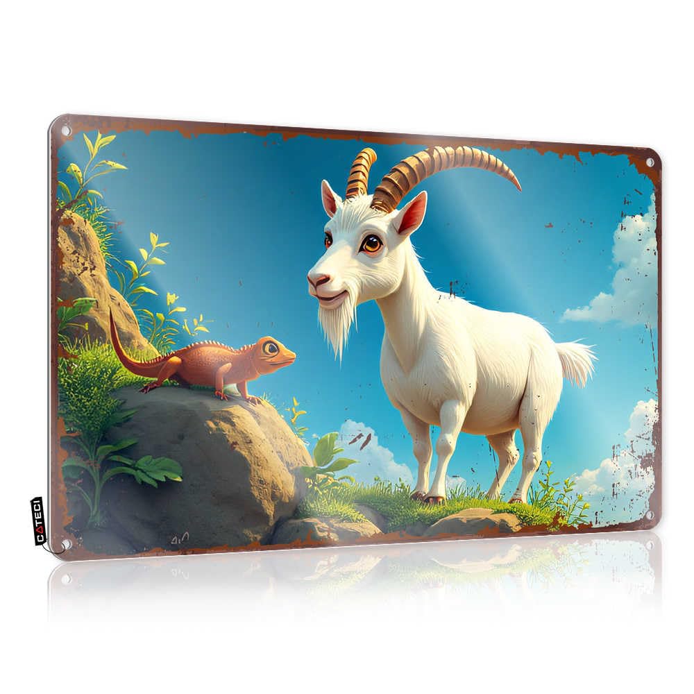 Fzfn Men's Colour Vintage Wall Decor Nice Waterproof Artwork, Sleek Retro Print For Cafe Pub Campers | Room Accessories Pre-Drilled Custom Goat And Lizard Friendship On A Sunny Day(30X40cm)