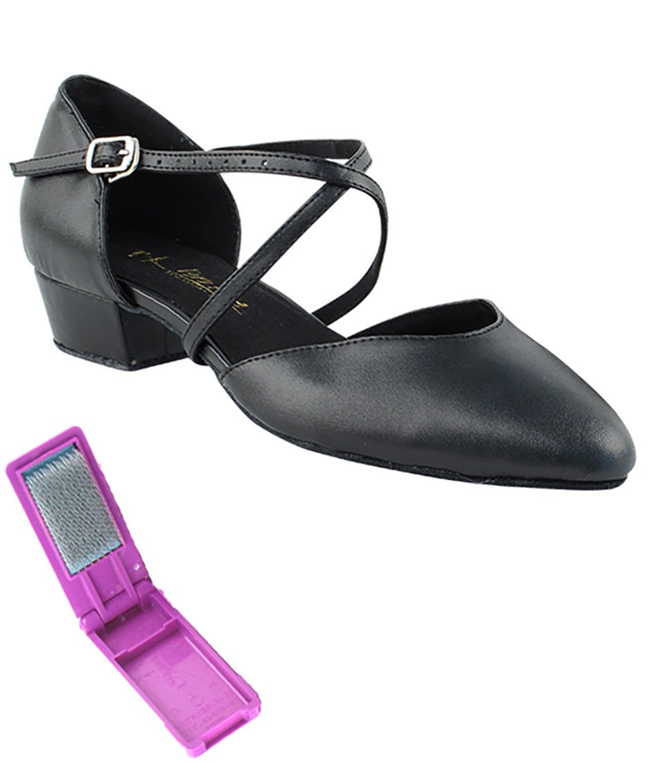 Very Fine Dance Shoes - Ladies Practice, Cuban Low Heel, Waltz Ballroom Dance Shoes - 9691FT - 1-inch Heel and Foldable Brush Bundle - Black PU - 7