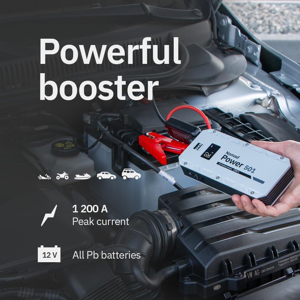 GYS, Nomad Power 501, arrancador/Booster batería de Litio portátil 1500A, vehículos de 12 V (Motocicleta, Coche), Arranque Seguro, batería Externa de 5,25 Ah (PowerBank), lámpara LED, Pantalla LCD
