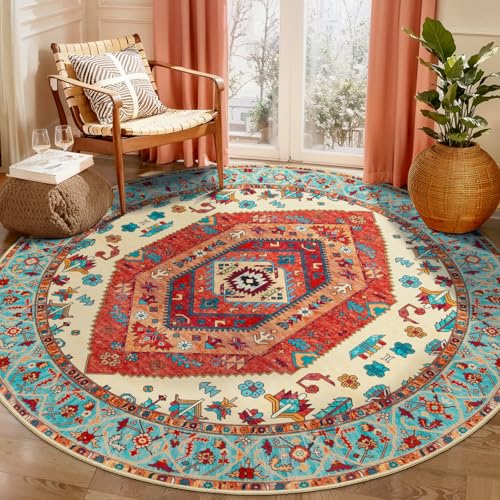 SERISSA Boho Round Area Rug, 5ft Washable Non-Slip Circle Rug, Ultra Soft Oriental Vintage Orange Low-Pile Circular Carpet for Bedroom Entryway Kids Room Office College Dorm Living Room