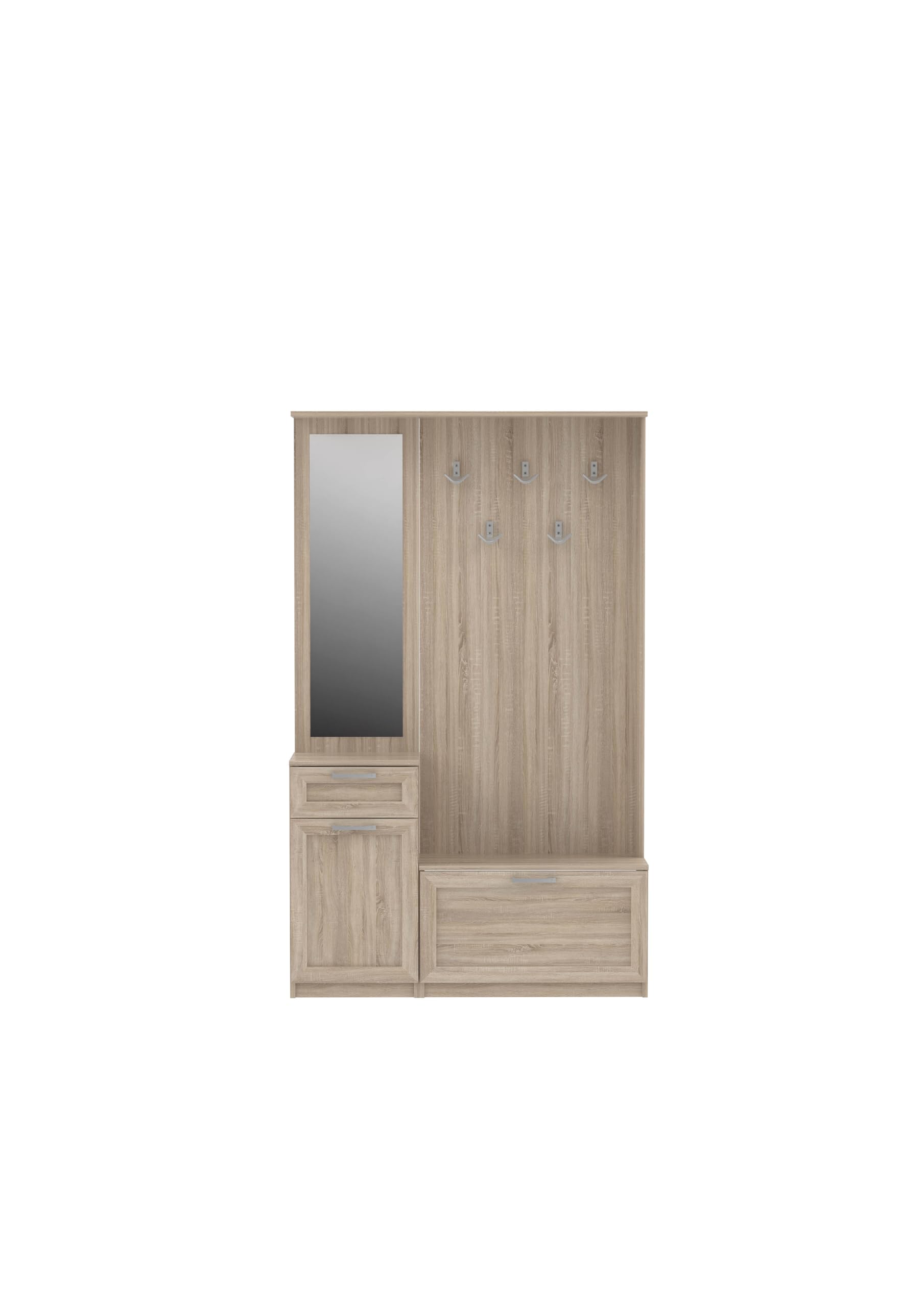 Forte NIKO Garderobe 110, Skandi-Garderobenpaneel, 1-türig, 2 Schubladen, Spiegel, Haken, Flur, Sonoma Eiche Holzdekor, 110,9 cm breit x 181,5 cm hoch x 29,6 cm tief