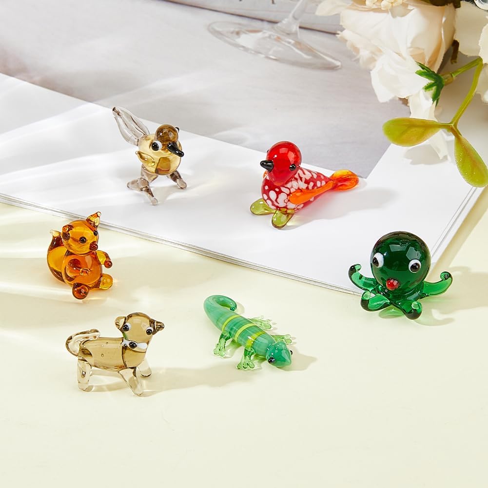 6Pcs Hand Blown Glass Figurines Miniature Animal Decor Colorful Glass Bird Octopus Cat Chameleon Squirrel Display Decorations for Home Office Collectible Gifts - Image 5