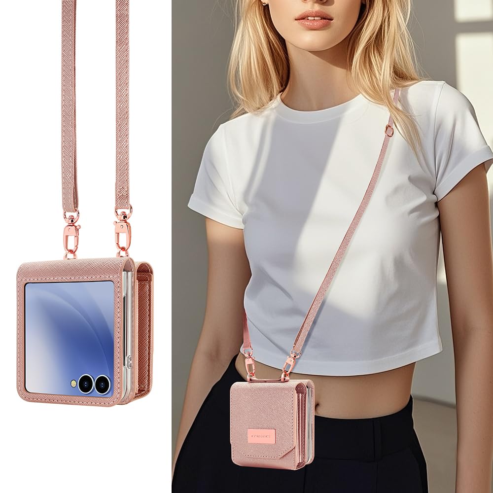 Etui do Samsung Galaxy Z Flip 8 Accordion Crossbody Wallet, gniazdo na karty o dużej pojemności, zdjęcie w oknie, stylowe i wszechstronne akcesoria. (Rose Gold)