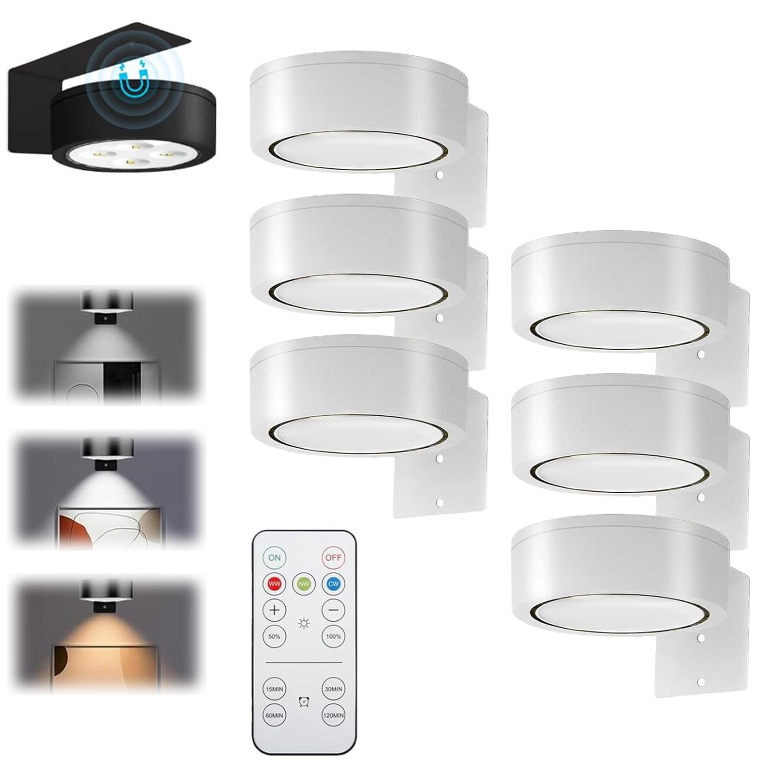 Luci Magnetiche per Quadri, Mini Luci per Quadri Senza Fili, Batteria Luce Muro per Esposizione Pittura Vetrina, con 3 Temperature di Colore e Telecomando (Bianco, 6PC, 3 Color)