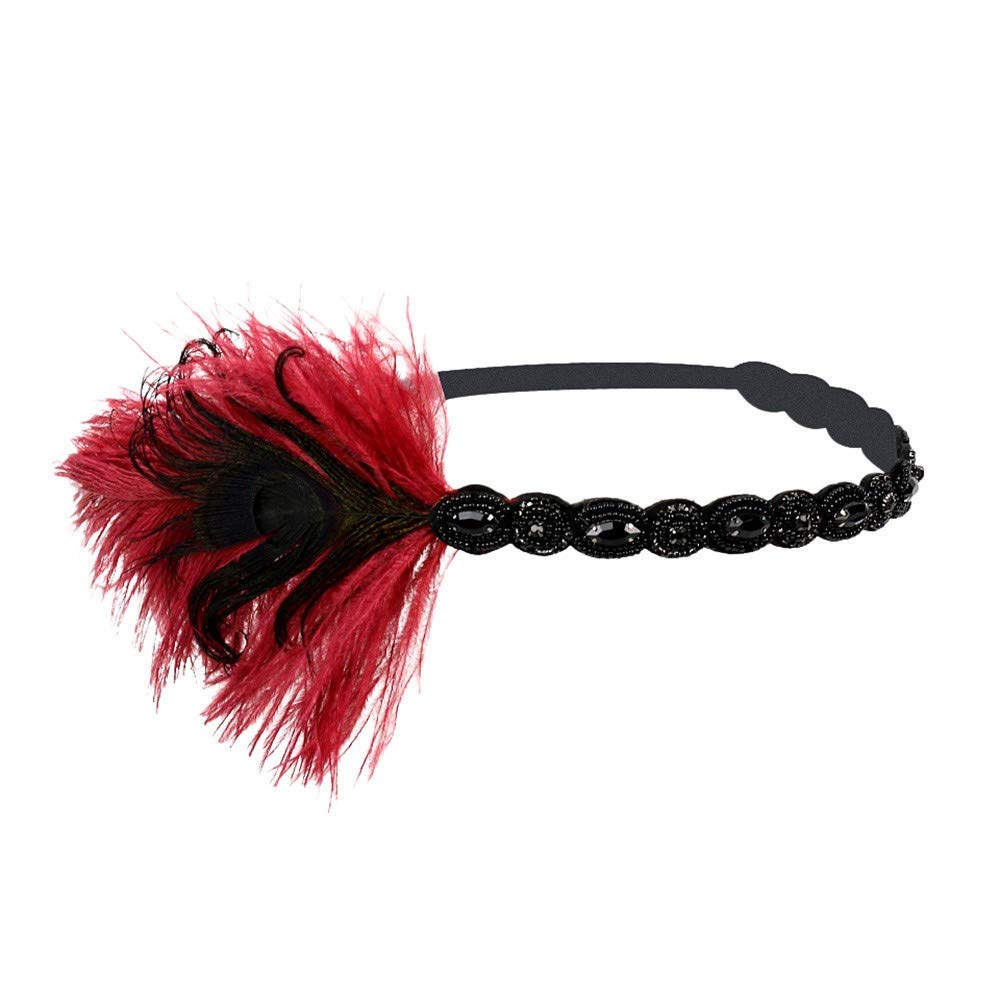 MMOOVV 1920s Flapper Headpiece Feather Headband Great Gatsby Headband 1920s… (Wine Red)