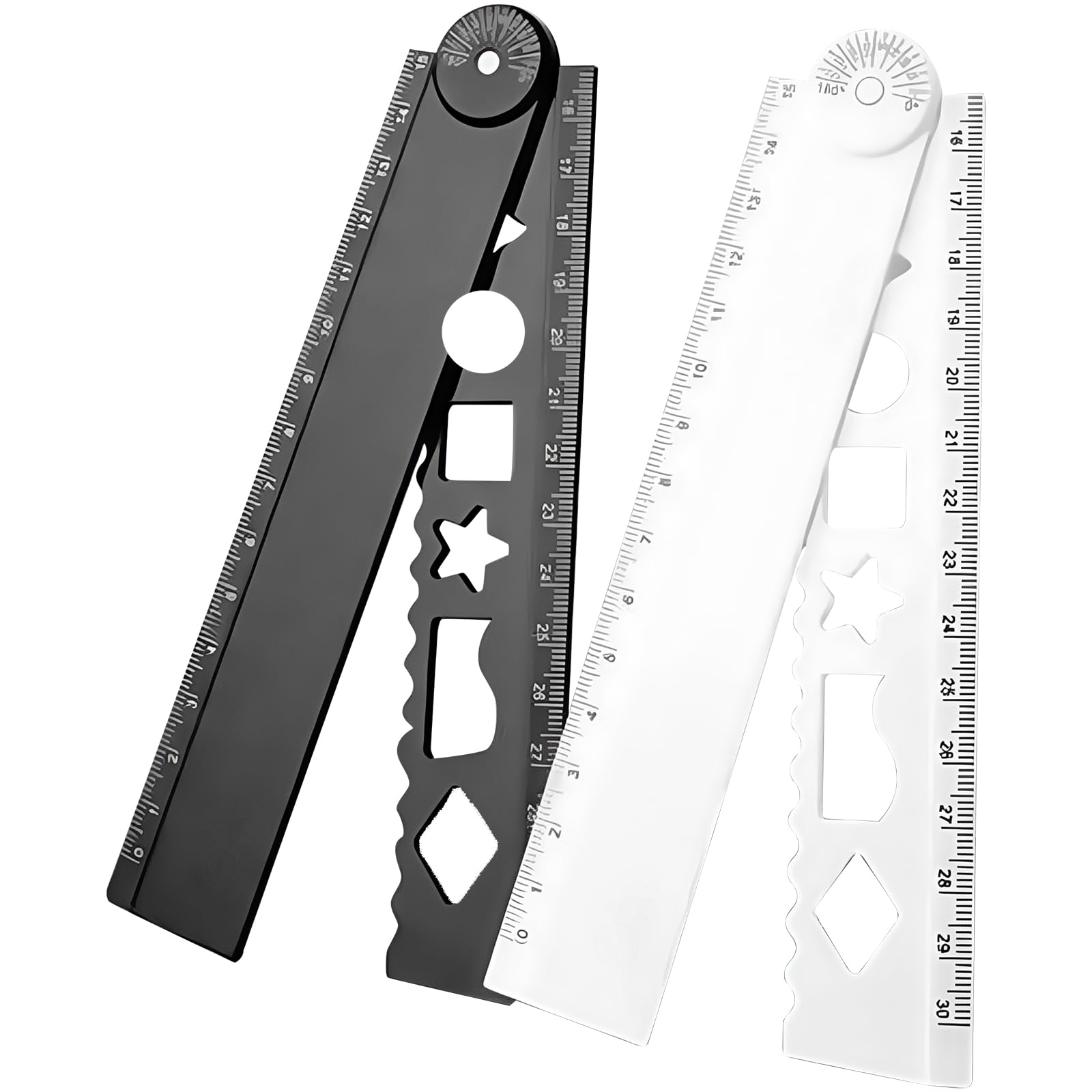 2Pcs Multipurpose Folding Ruler Measurement Tool with Hollowed Geometric Templates for Drafting Technical Drawing Portable Measuring Ruler