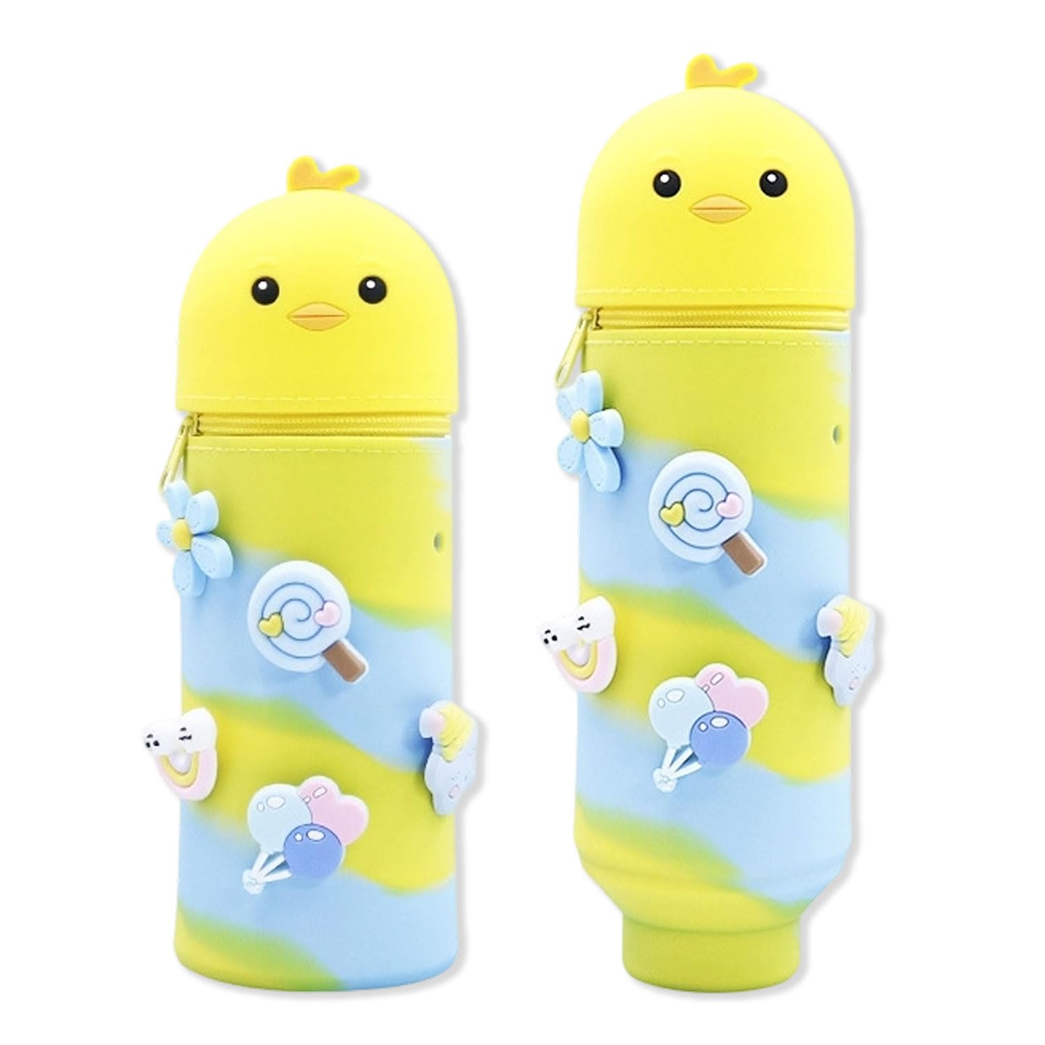 MOTIBACK Silicone Telescopic Pencil Case with Animal Design - Cute Chick 2-in-1 School Pen Holder, Decorative Buckle with Perforations Stand Up Pencil Case for School, OfficeYellow Blue