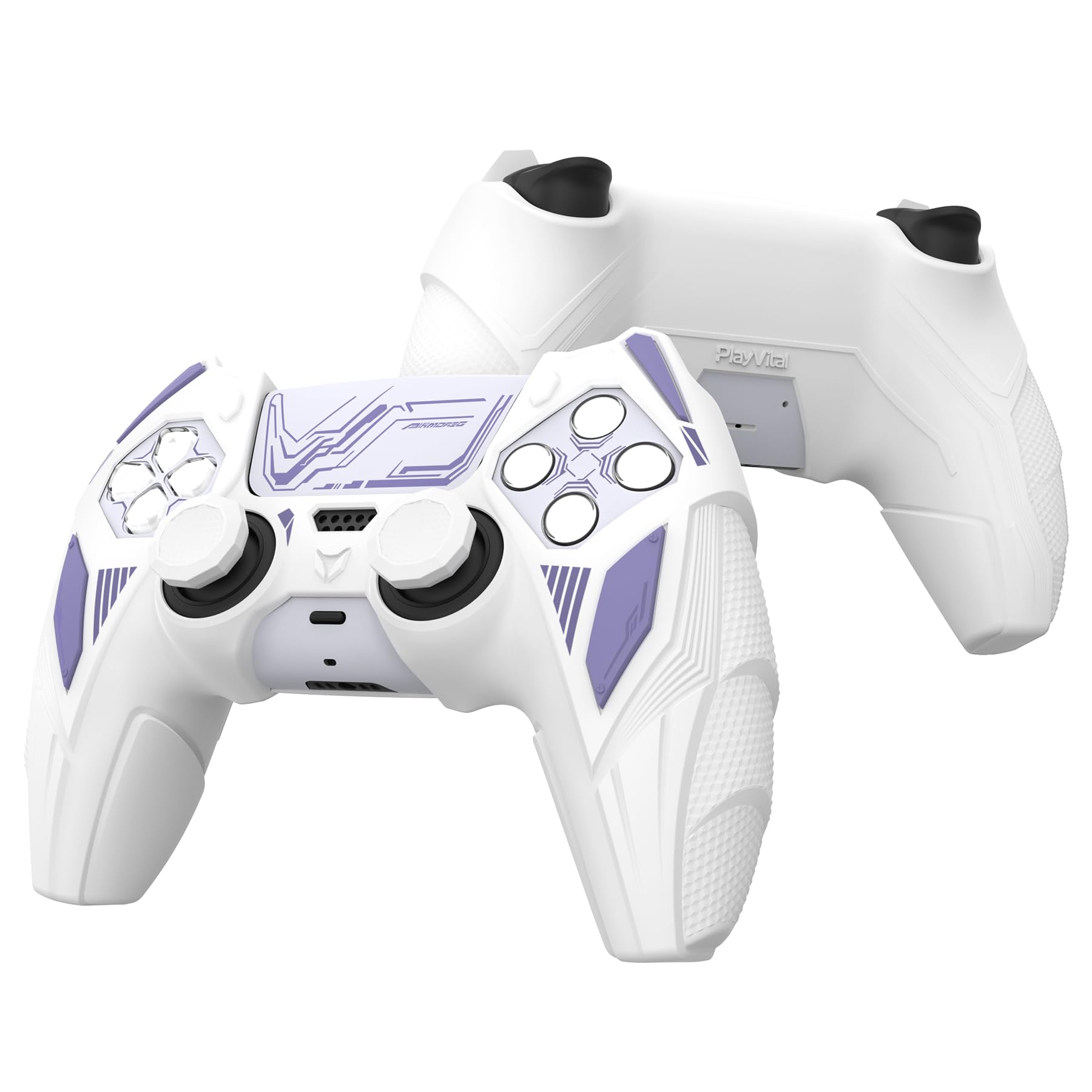 playvital Cover Controller per ps5 Joystick, Compatibile con ps5 Base di Ricarica, Custodia Silicone Antiscivolo Grip Ergonomico per Posizionamento Verticale, Mecha Rhino-Bianco&Lilla