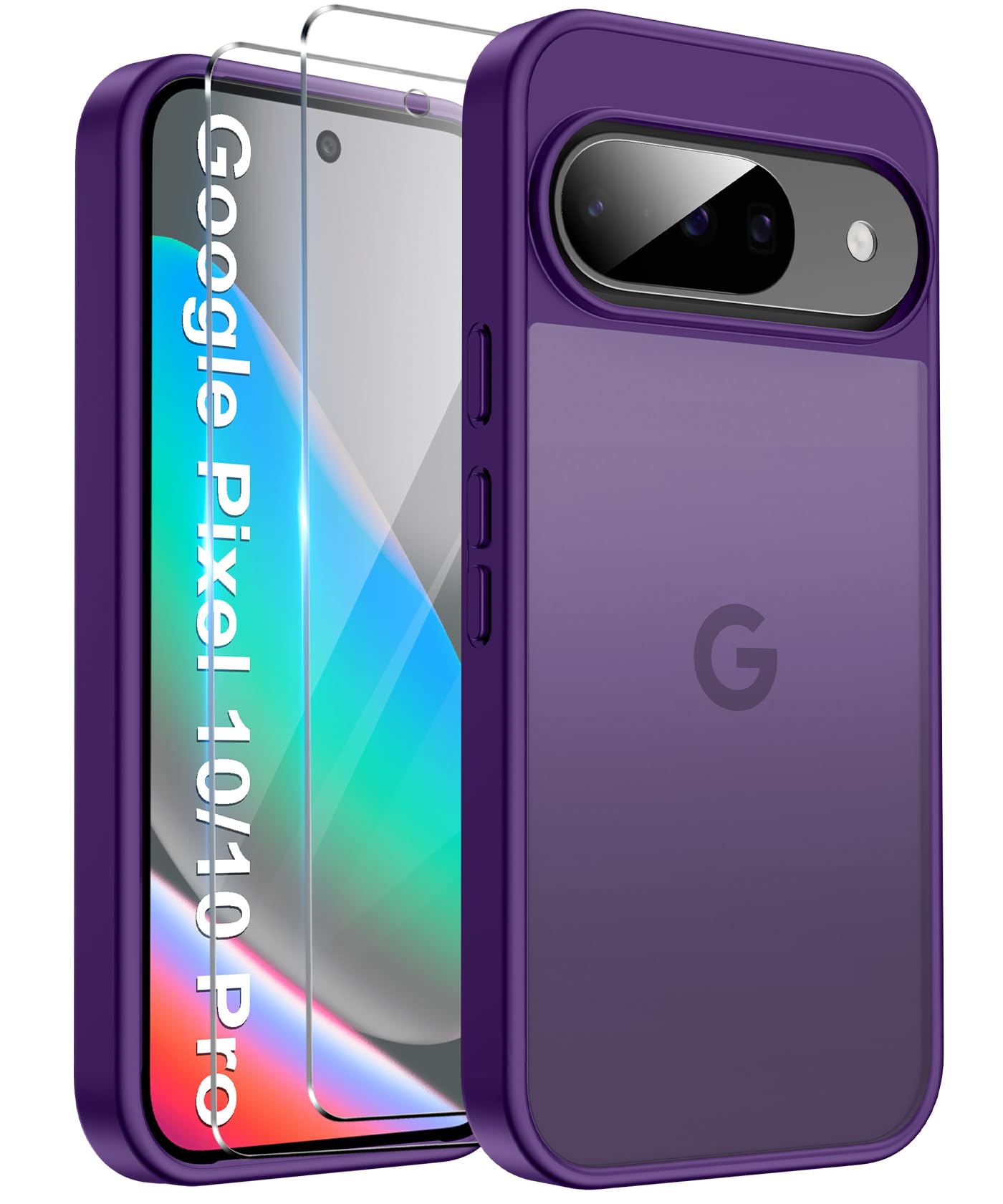 FLLAO Matt Handyhülle für Google Pixel 10/10 Pro/9/9 Pro Hülle und 2 Schutzfolie, mit Kameraschutz [Militärnorm Schutz] Stoßfest PC Rückseite TPU Bumper Hülle für Pixel 10/10 Pro - Dunkelviolett