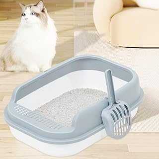 LANDCROOSSERS Cat Litter Tray XXL Semi-Closed Cat Litter Tray with High Walls Portable Urine Leakage Free Cleaning Scoop 51.5 x 36 x 16 cm Grey product image