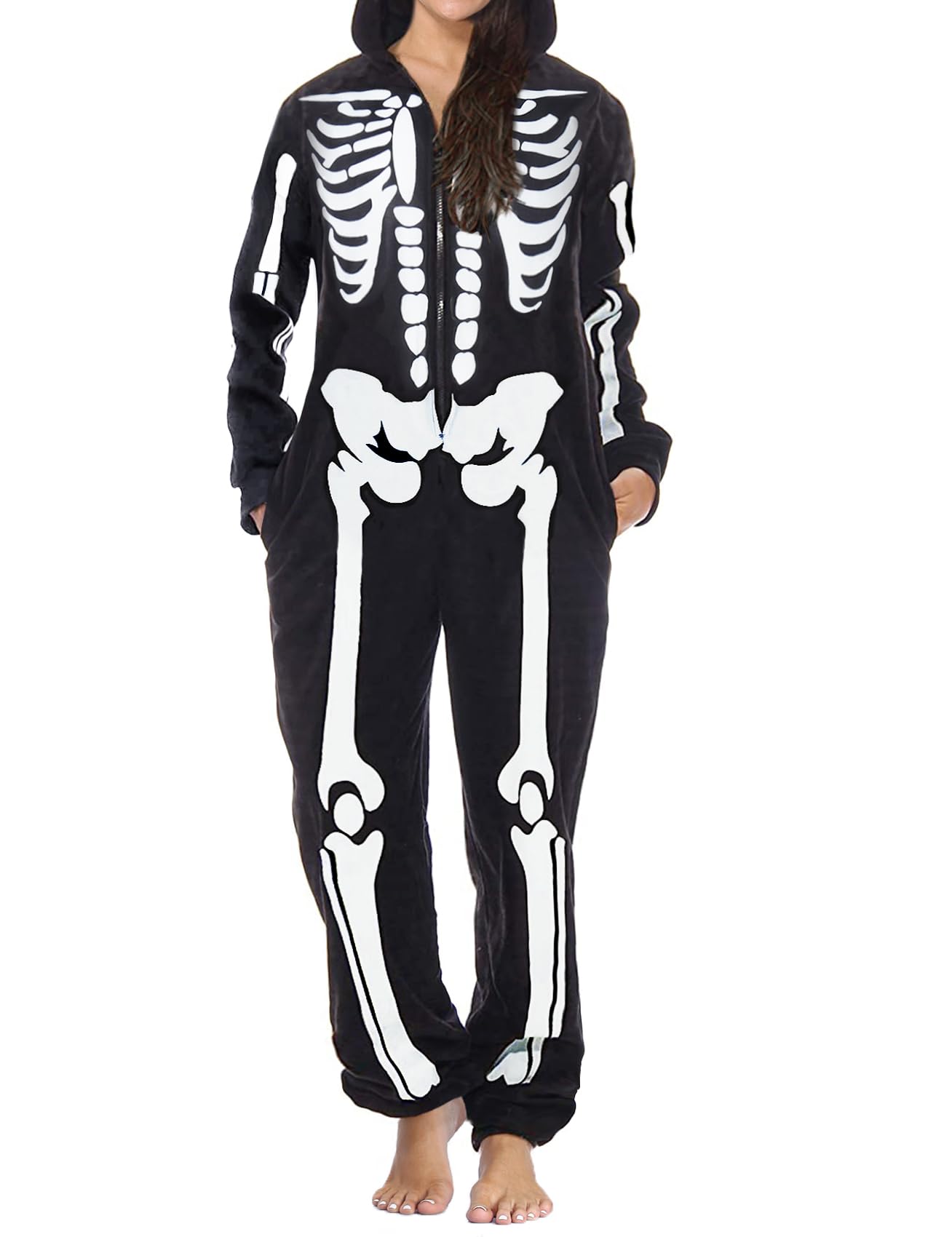 CYCLAMEN Disfraz de Halloween para adultos, parejas, esqueleto, calabaza, enterizo, pijama con capucha, para mujeres, hombres y familia