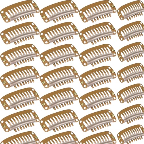 WILLBOND 30 Pieces 32 mm 9-teeth Hair Extension Clips Hair Extension Wigs Snap Clips Comb Small Snap Wig Accessories for Women DIY(Light Brown)