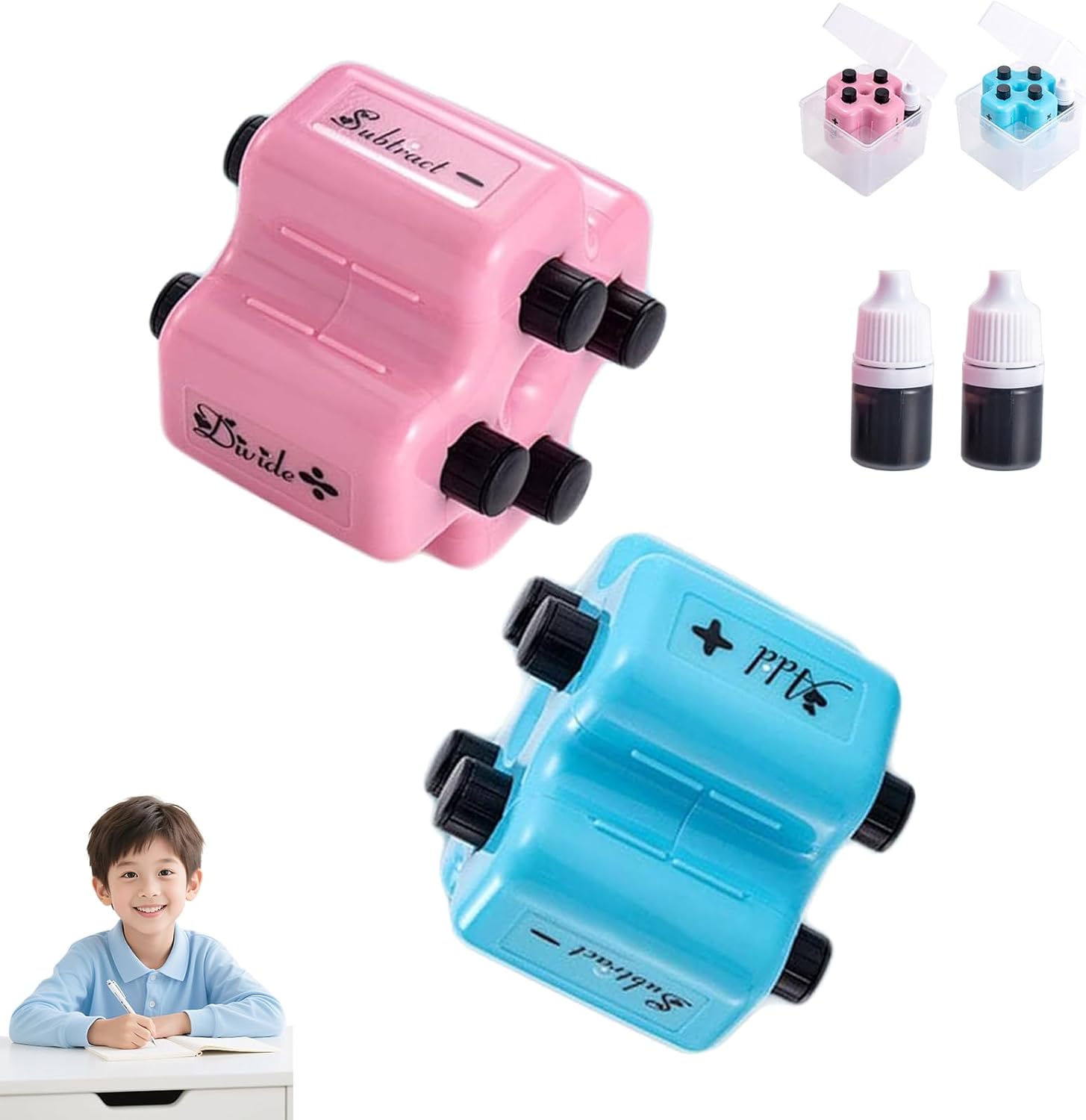 4 in 1 Math Stamp Roller, Math Teacher 4-in-1 Math Stamp Roller, MathTeacher 4 in 1 Rollers Stamps, Addition Subtraction Multiplication Division Practice Tool, Preschool & Elementary Learning (2PCS)