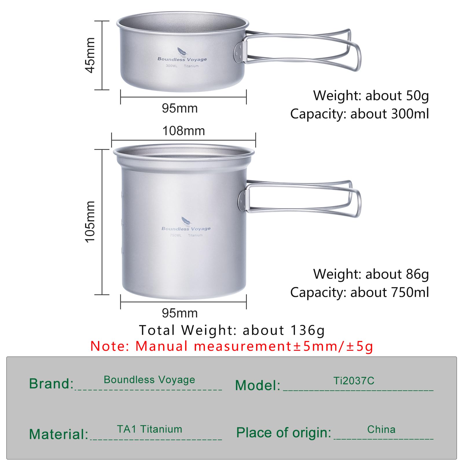 iBasingo Petit Ensemble de casseroles en Titane Ustensiles de Cuisine de Camping Ensemble de Bols légers d'extérieur Kit de Mess de Cuisine avec poignée Pliante 300 ML + 750 ML 2 pièces/Ensemble