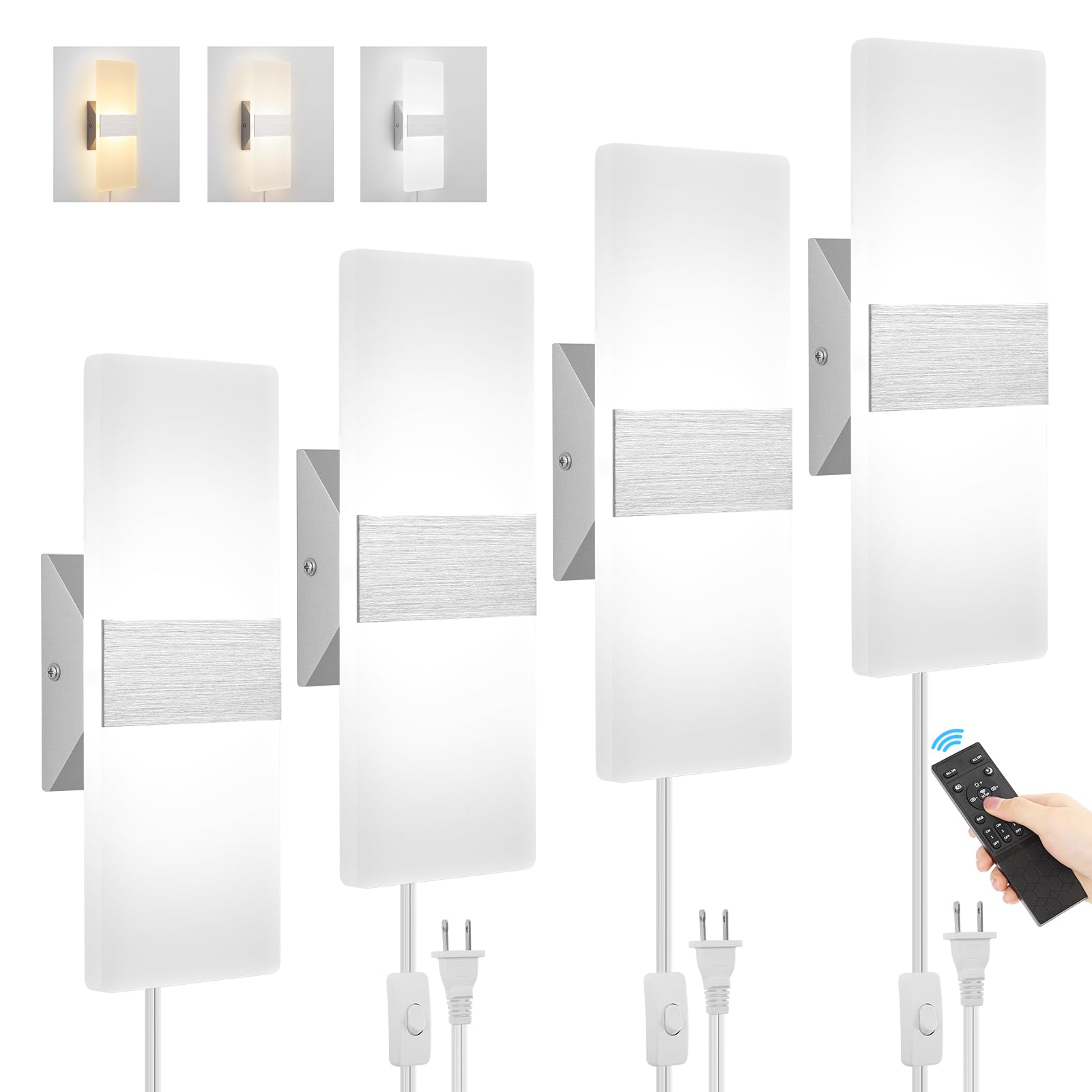 GOODATE 4 Pack Plug in Wall Sconces with Remote Control, Dimmable, Adjustable 3000K-6500K Colors, Silver 12W Acrylic LED Plug in Wall Light, Wall Lamps for Bedroom Living Room Hallway Stair 4 PACK, Silver