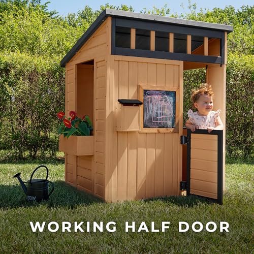 Backyard Discovery Caraway Cottage Cedar Wooden Kids Playhouse with Play Kitchen, Chalkboard, Mailbox, Half Door, Windows, Flower Box, Modern Farmhouse Design for Outdoor Imaginative Play - image 3