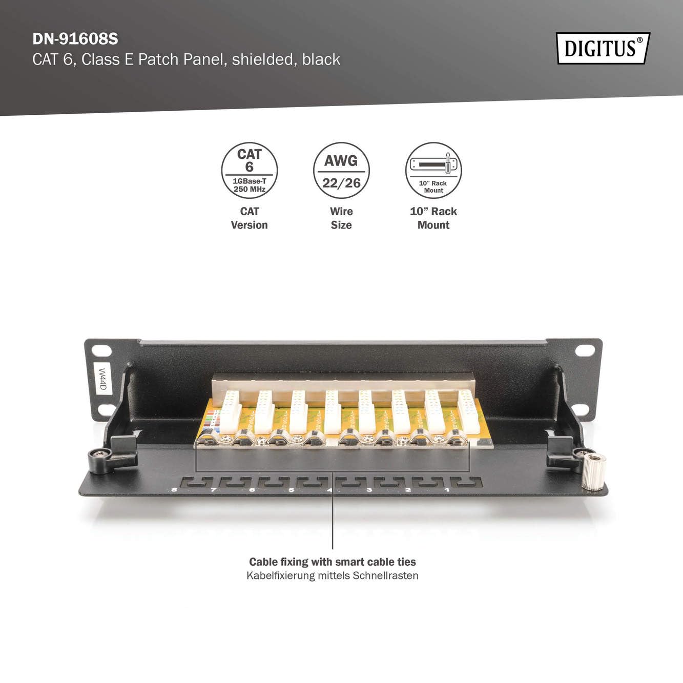 DIGITUS Cat-6A patchpaneel - 12 poorten - RJ45 bussen - 10-inch rack-mount 0 ,5U - LSA distributiepaneel - afgeschermd - zwart