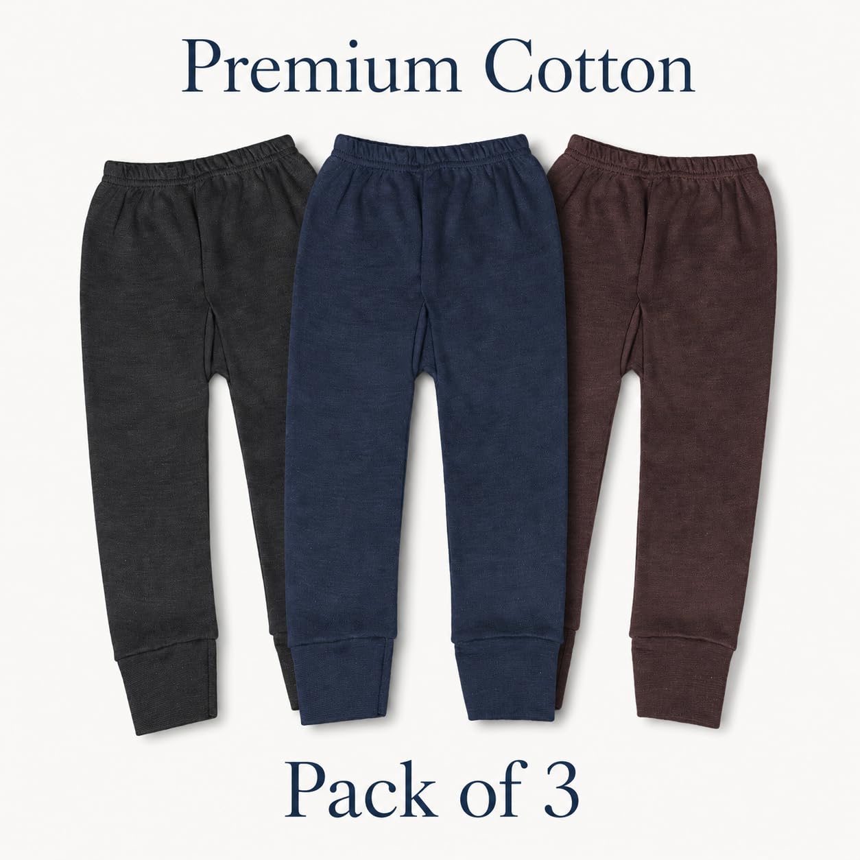Our Little Munkee Kids Cotton Fleece Thermal Pyjama Lower, Pack of 3 (Brown + Black + Dark Blue), Unisex for Boys & Girls, 8-9 Years