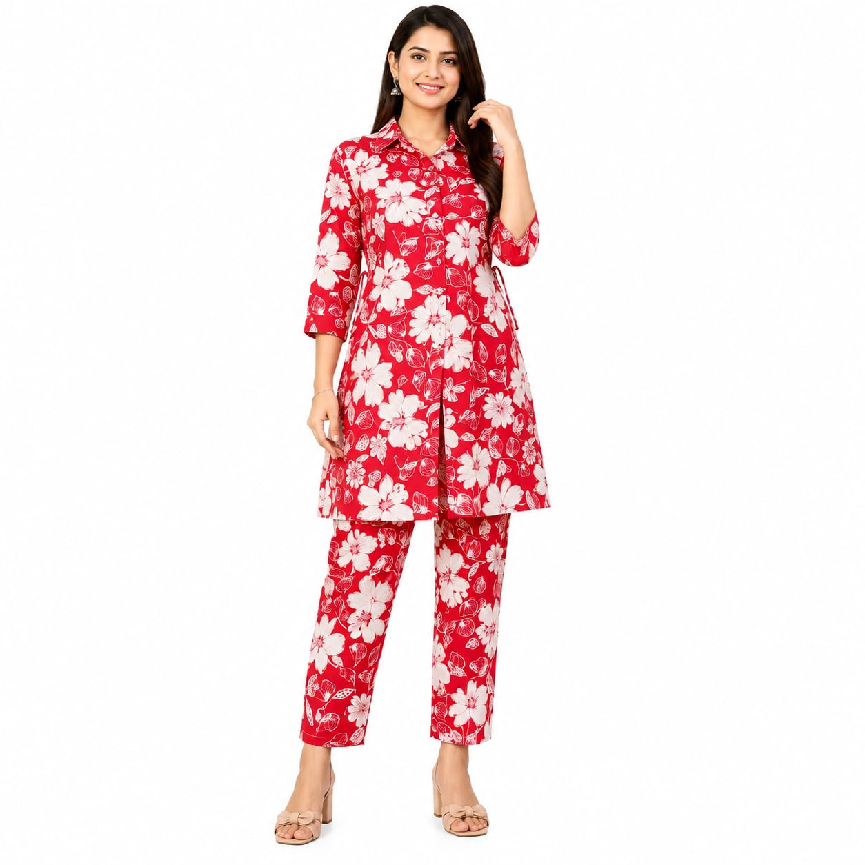 Women Floral Printed Co-Ord Set with Shirt Collar, Front Slit Kurti & Straight Pants | 3/4 Sleeve Kurti Pant Set for Women SIZE XXL-image-7