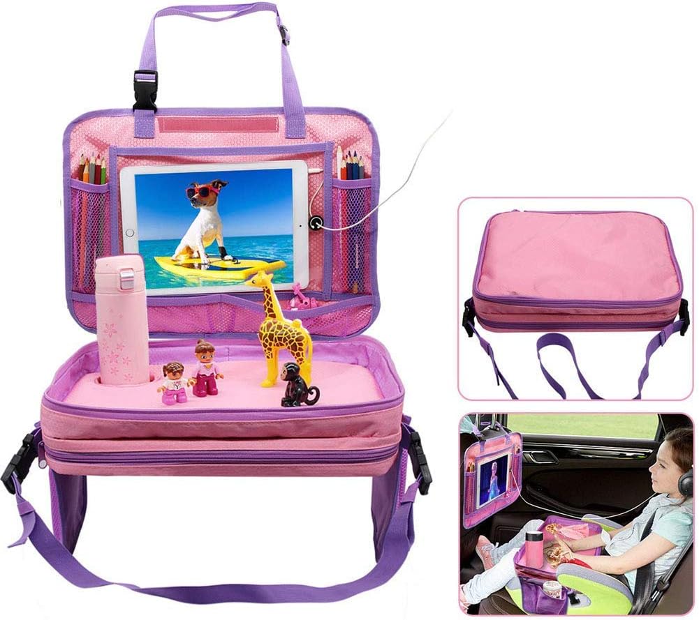 Gelible Kids Car Seat Travel Tray,Detachable Toddler Lap Table Activity Tray with Cup Holder,Backseat Storage Organizer,Carry Bag and iPad & Tablet Holder Great for Activity Snacks Play (Pink)