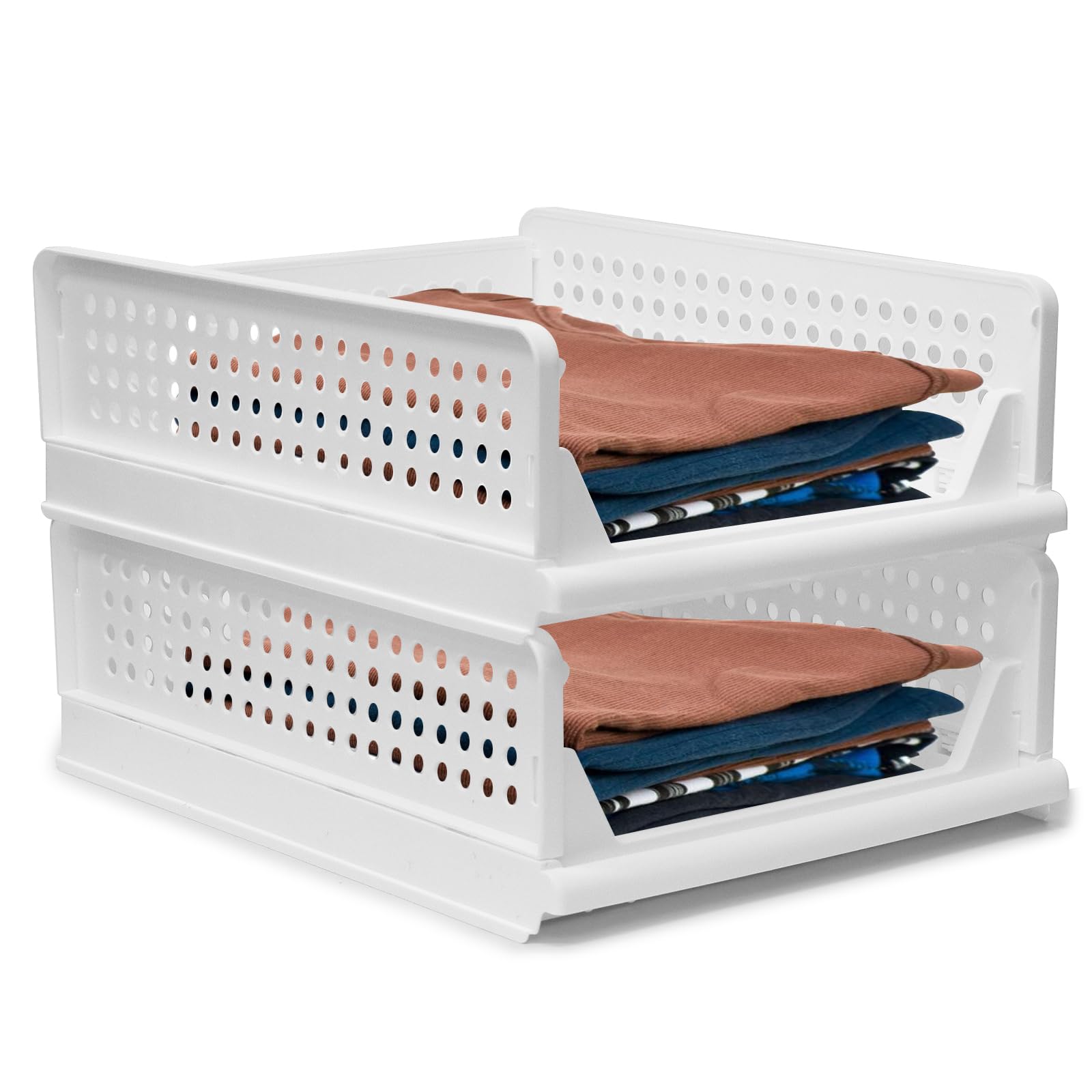Organizador de almacenamiento para armario, 2 cestas apilables pequeñas, 43 x 33,5 x 14 cm, contenedores de plástico multiusos para armario, baño, oficina, hogar, juguetes, libros, ropa