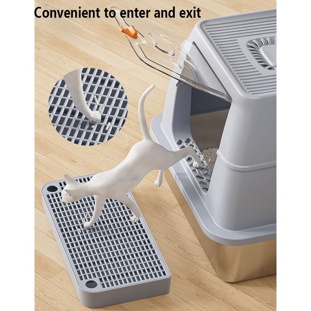 Arenero Acero Inoxidable Gatos con Tapa Extraíble, Arenero Gato con Pala y Escalones, Apto Tanto Abierto como Cerrado, Fácil de Limpiar, Resistente a Olores, para Mayoría de Los Gatos