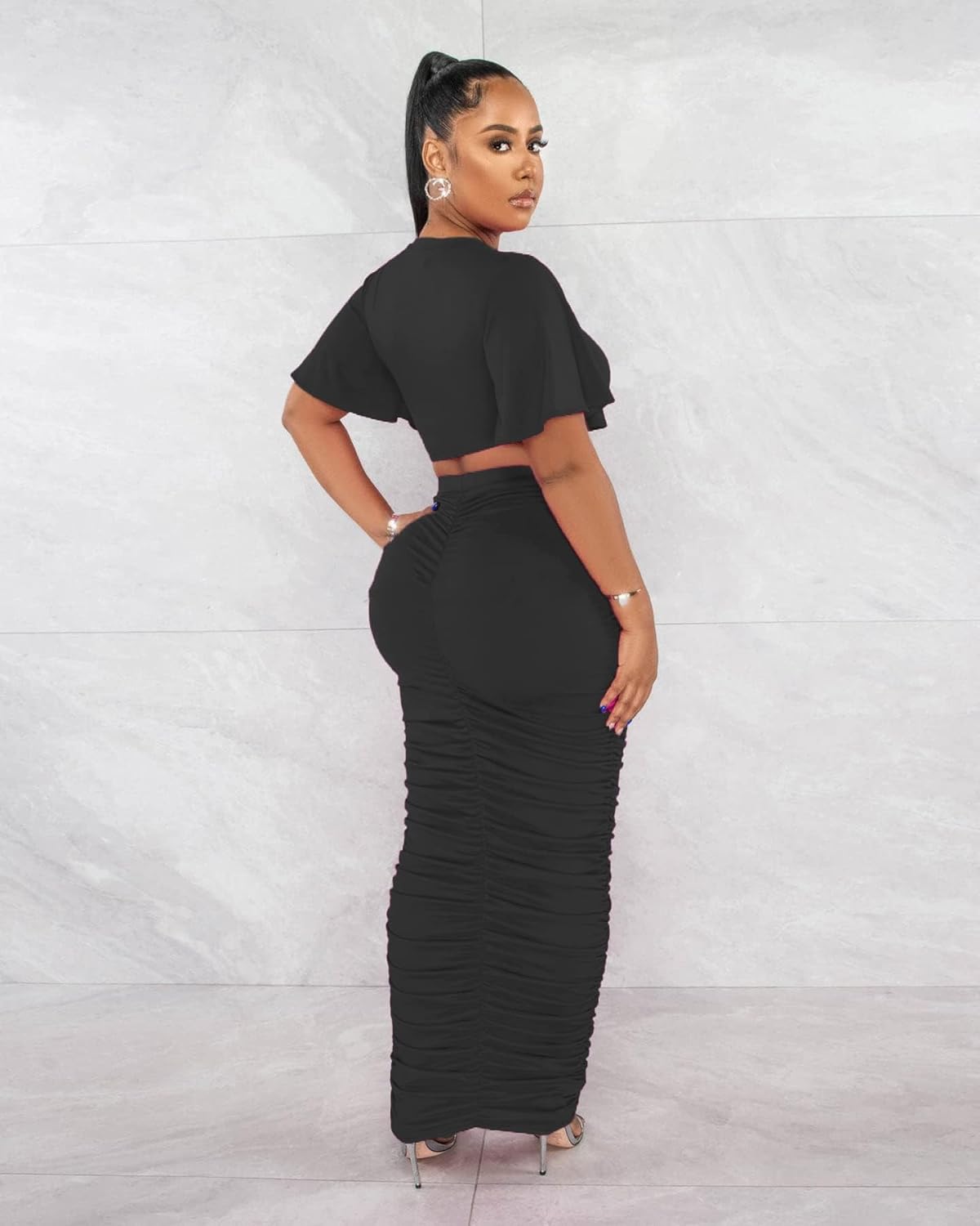 Women's 2 Piece Outfits Flare Sleeve Crop Tops Sexy Bodycon Jumpsuits Maxi Dresses Midi Ruched Skirt Sets - Image 2