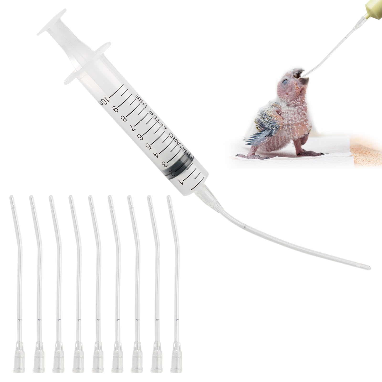 Pack of 10 Young Birds Feeding Hose, Includes a 10 ml Syringe, Pigeon Accessories, Feeder Food, Hand Feeding Tool for Baby Birds and Parrots, Milk, Water, Medication, Easy to Clean
