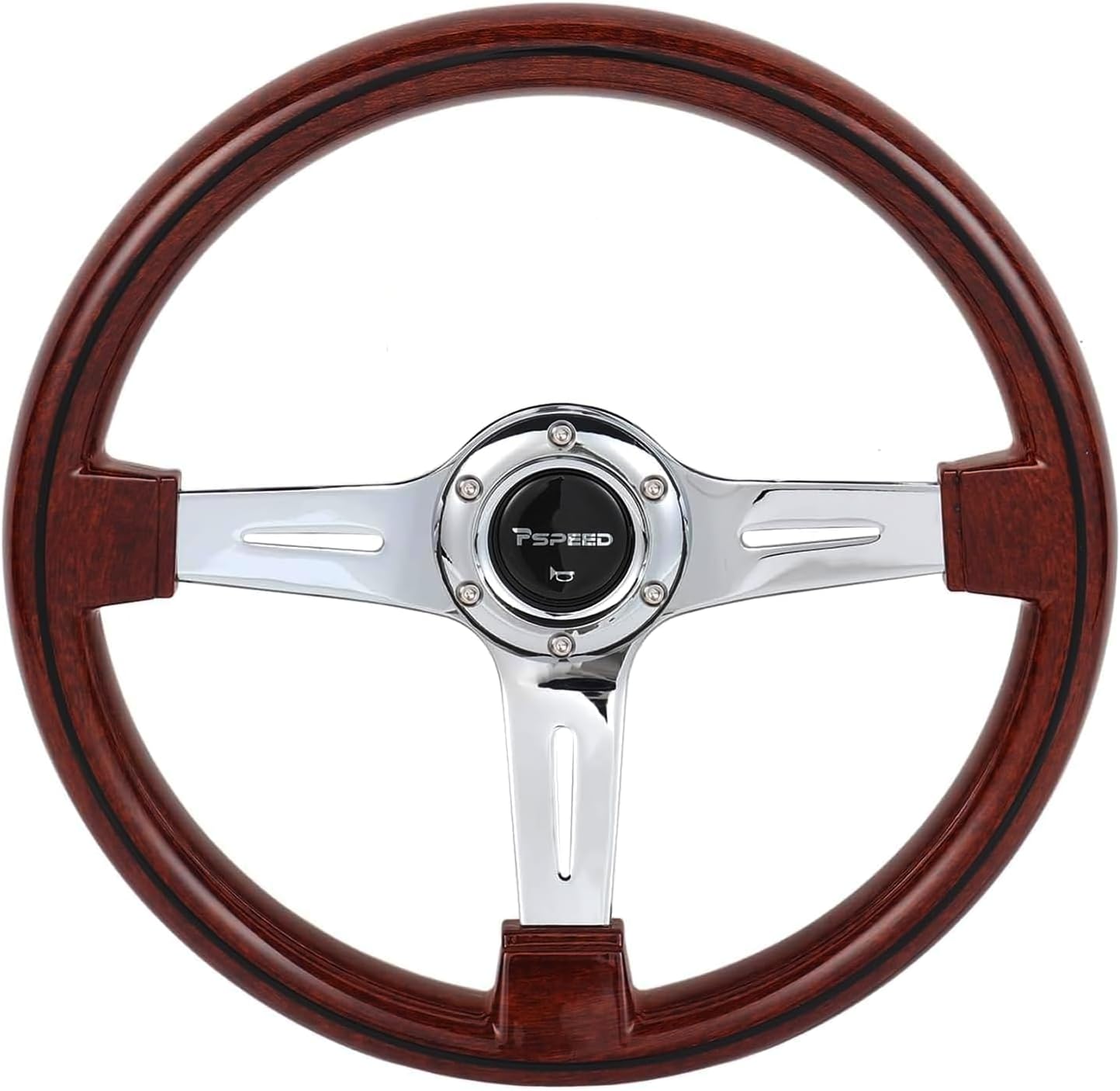 14 Inch Classic Wood Grain Steering Wheel,3 Spokes 6 Bolt Chrome-Plated aluminum alloy 70mm Deep Dish Fit for Racing,for Classic Car,for Vintage Car with Horn Button 14" Steering Wheel