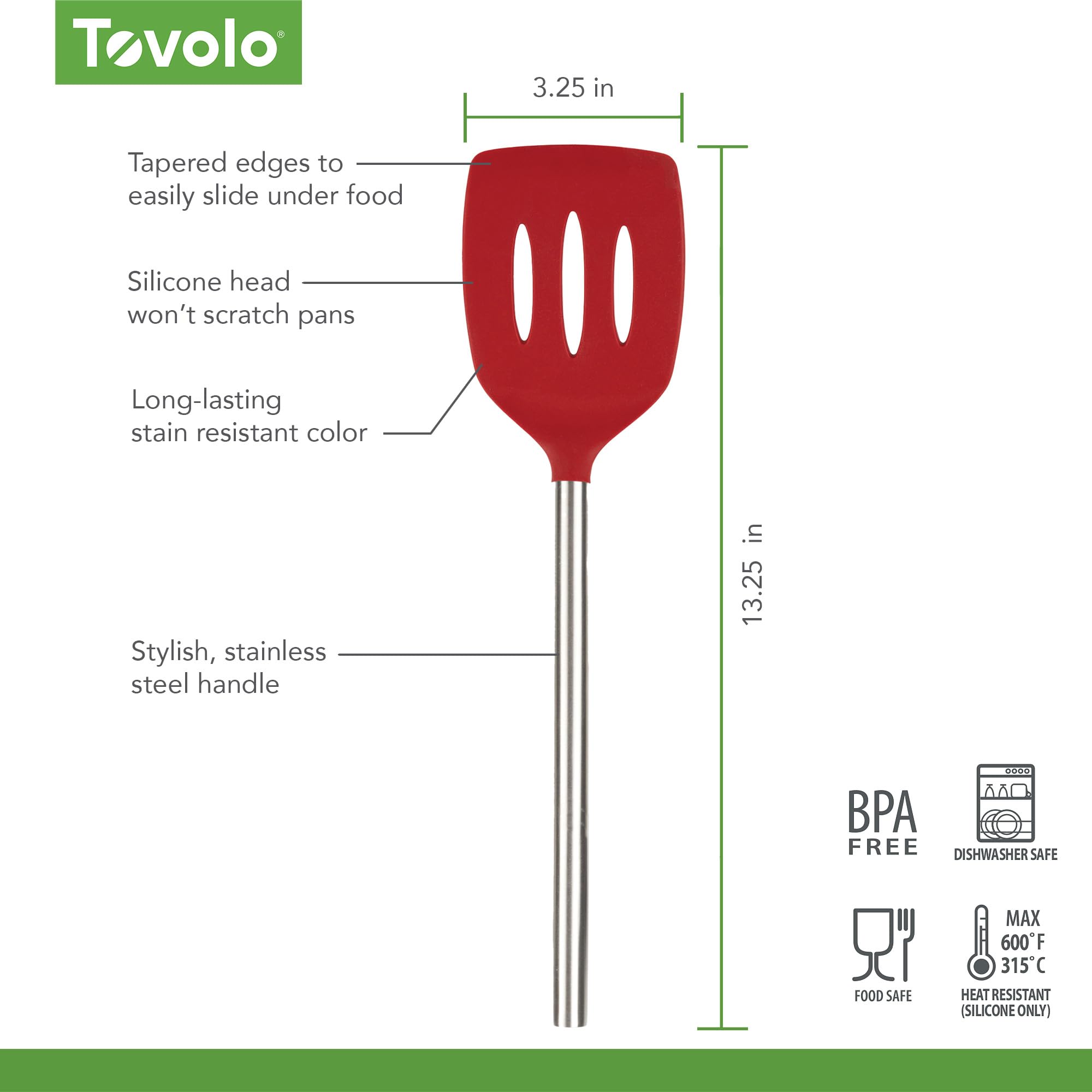 Tovolo Pfannenwender aus Silikon mit Schlitzen, Edelstahlgriff, 25,4 cm, Cayennerot, hitzebeständig, ungiftig, BPA-frei, Küchenutensilien, Silikon-Eier-Pfannkuchen-Flipper mit Metallgriff