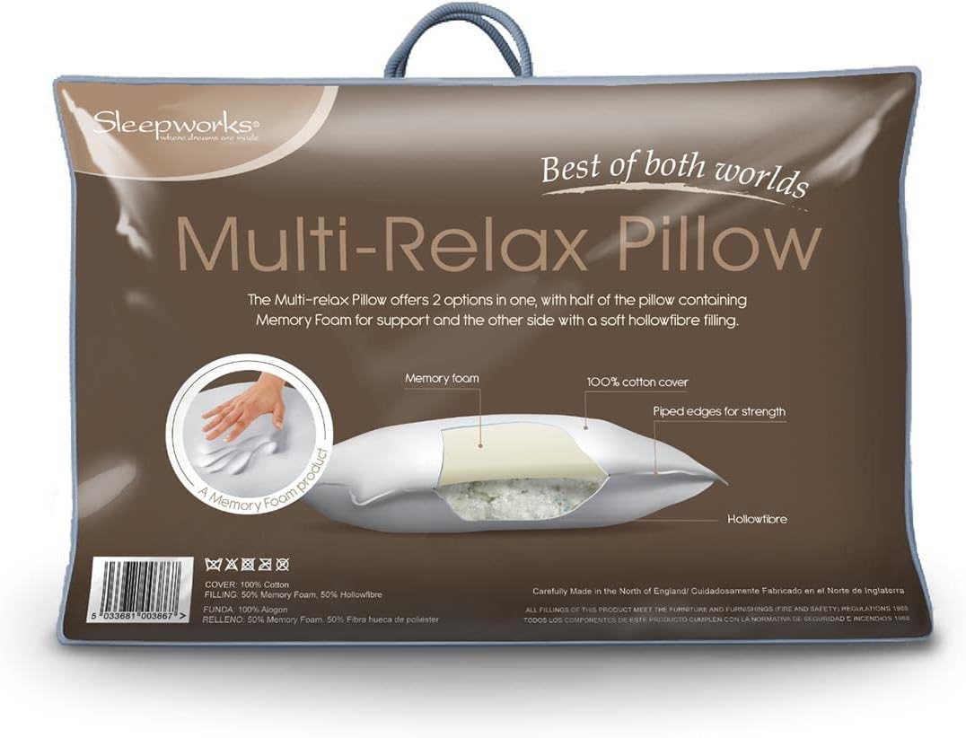Multi-Relax, Dual Layer Reversible Pillow, Half Memory Foam & Half Super Soft Hypo-Allergenic Hollowfibre, Medium & Firm Support, Side & Back Sleeper 230TC Cotton, Made In UK