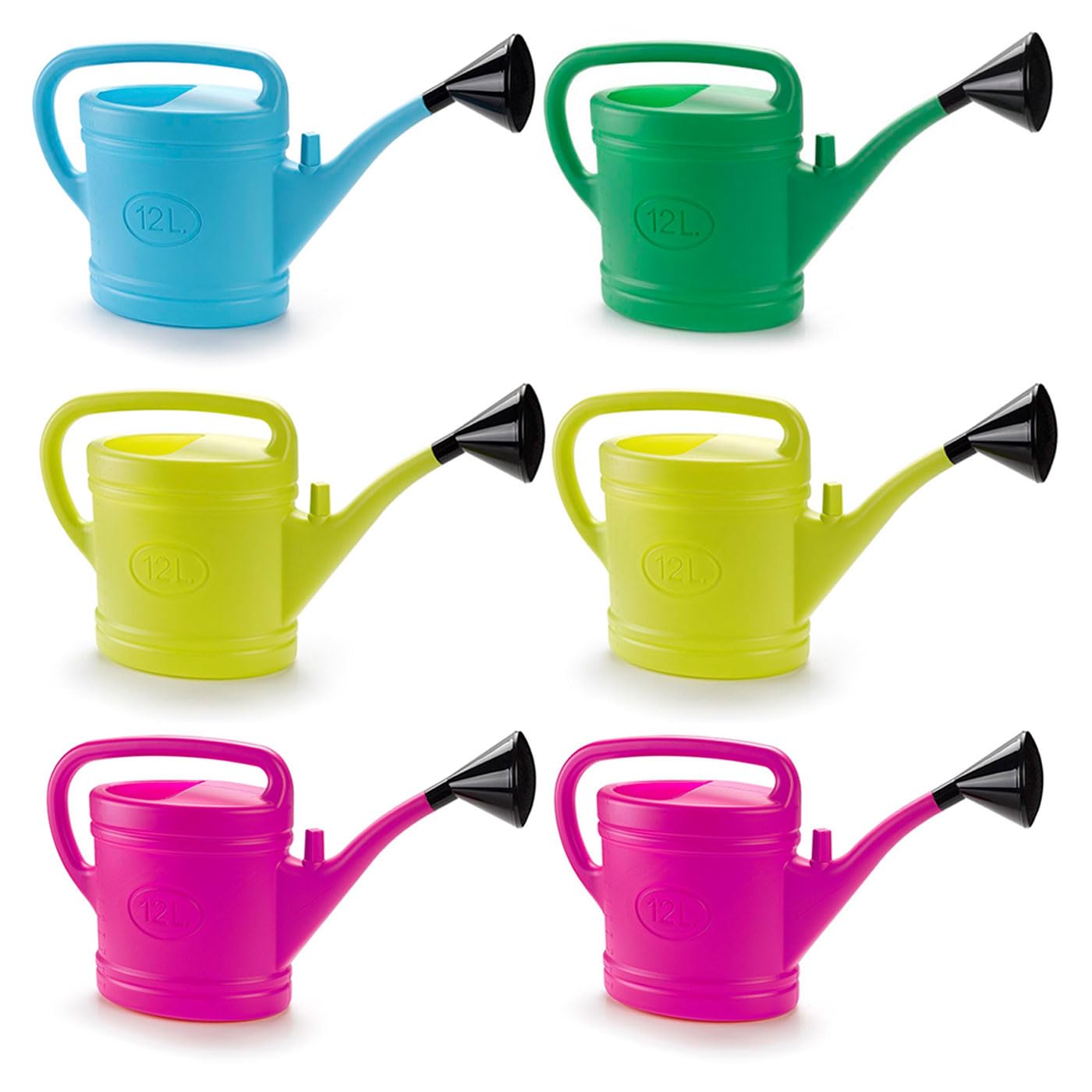 Tradineur - Pack de 6 Regaderas de plástico - Capacidad 12 litros - Utensilios de jardinería, riego, casa, balcón, terraza - Color Aleatorio