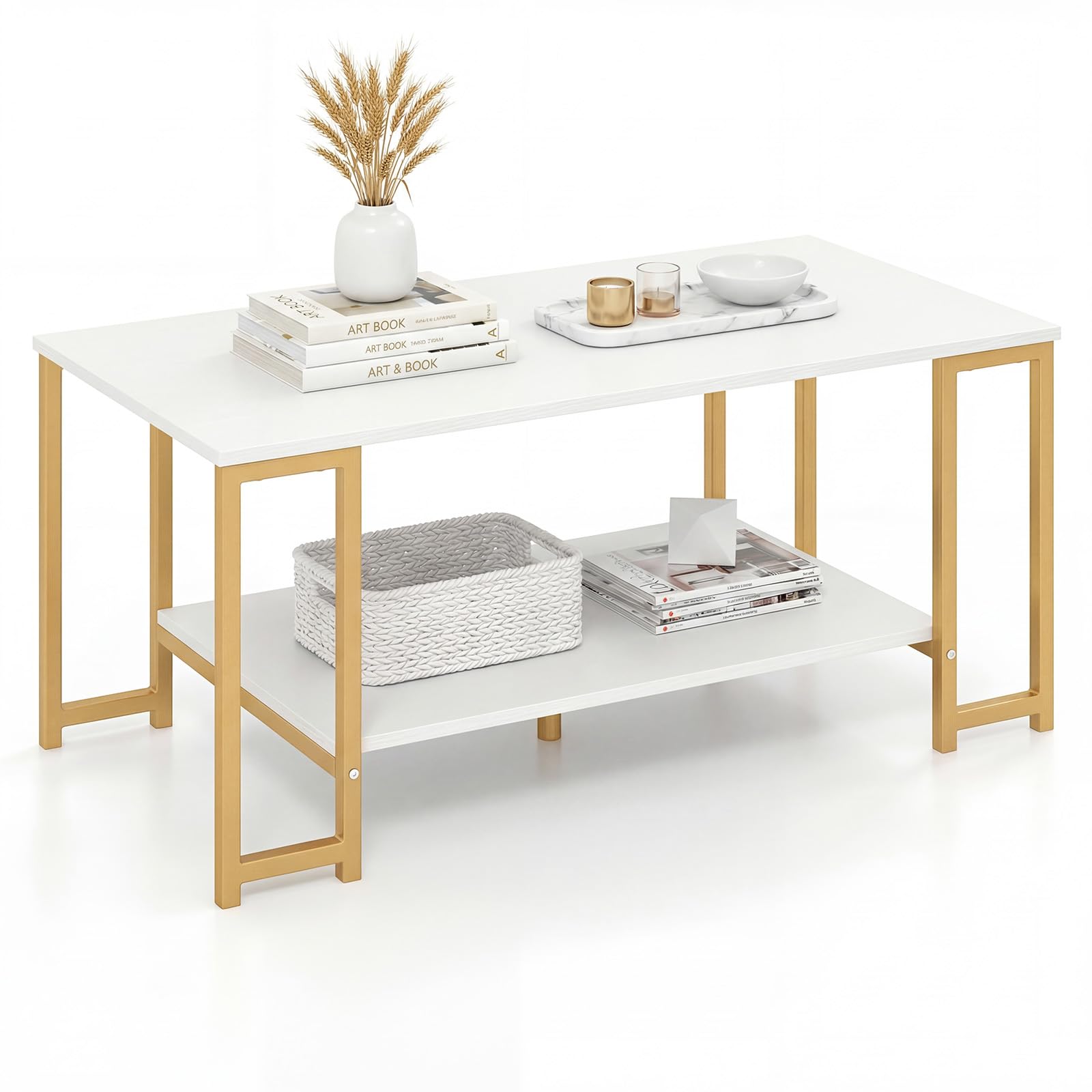 COSTWAY 2-Tier Coffee Table, Rectangle Cocktail Center Table with Open Storage Shelf, 100cm Metal Frame Wooden Accent Sofa Side Tea Tables for Living Room and Office (White+Gold)
