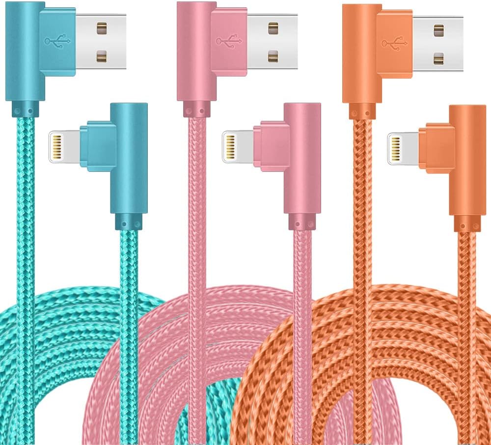 Exeric iPhone Charger, 3 Packs 10FT 90 Degree Charging Cable MFi Certified USB Lightning Cable Nylon Braided Fast Charging Cord Compatible for iPhone 13/12/11/X/Max/8/7/6/6S/5/5S/SE/Plus/iPad (10FT)