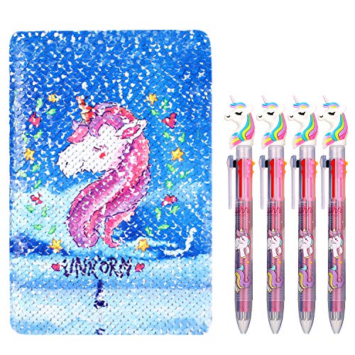 Unicorn Notebook Set, 4 Pieces Unicorn Multicolor Pens with Reversible Sequin Unicorn Pattern