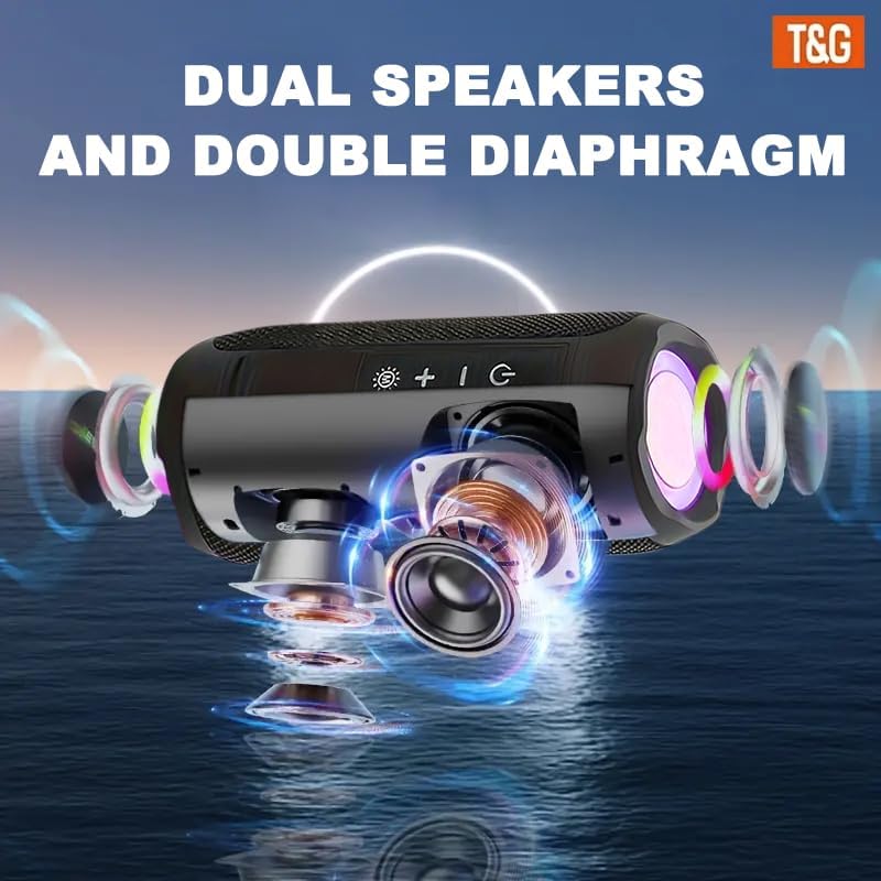 An exploded view diagram of the T&G TG227 portable Bluetooth speaker, illustrating its internal dual speakers and double diaphragm for enhanced sound.
