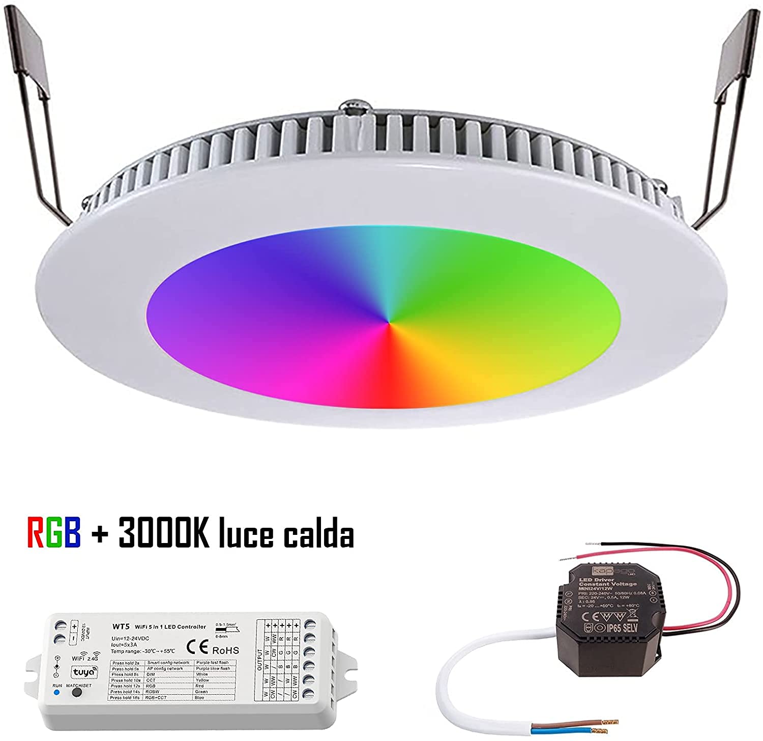 Planetitaly KIT faretto slim incasso cromoterapia giochi luce dimmer doccia pannello LED 8W RGB RGBW 24V centralina WiFi controllo vocale smartphone APP foro 13cm